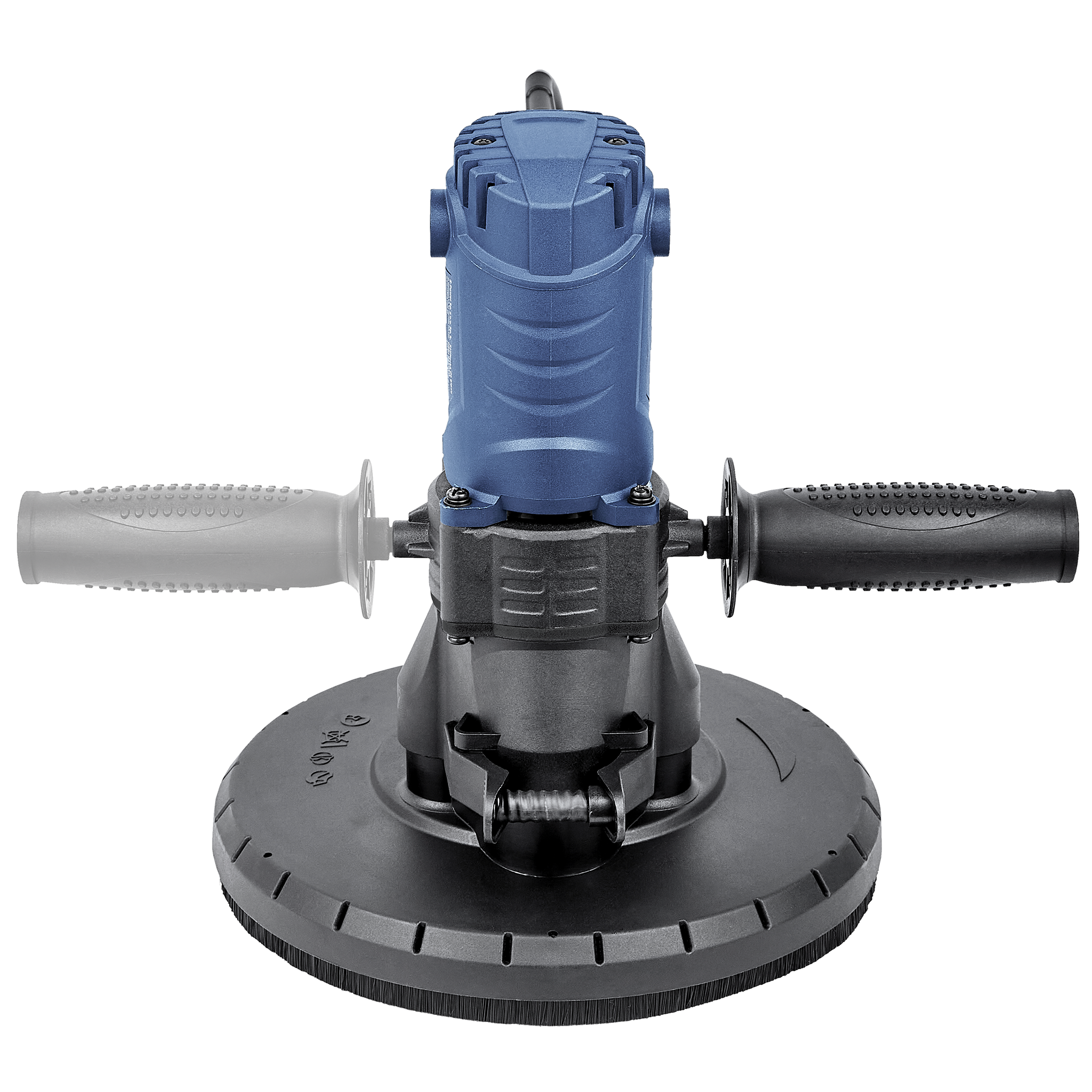 Niebiesko-czarne elektronarzędzie z dwoma uchwytami. Ma okrągłą podstawę z włosiem.
