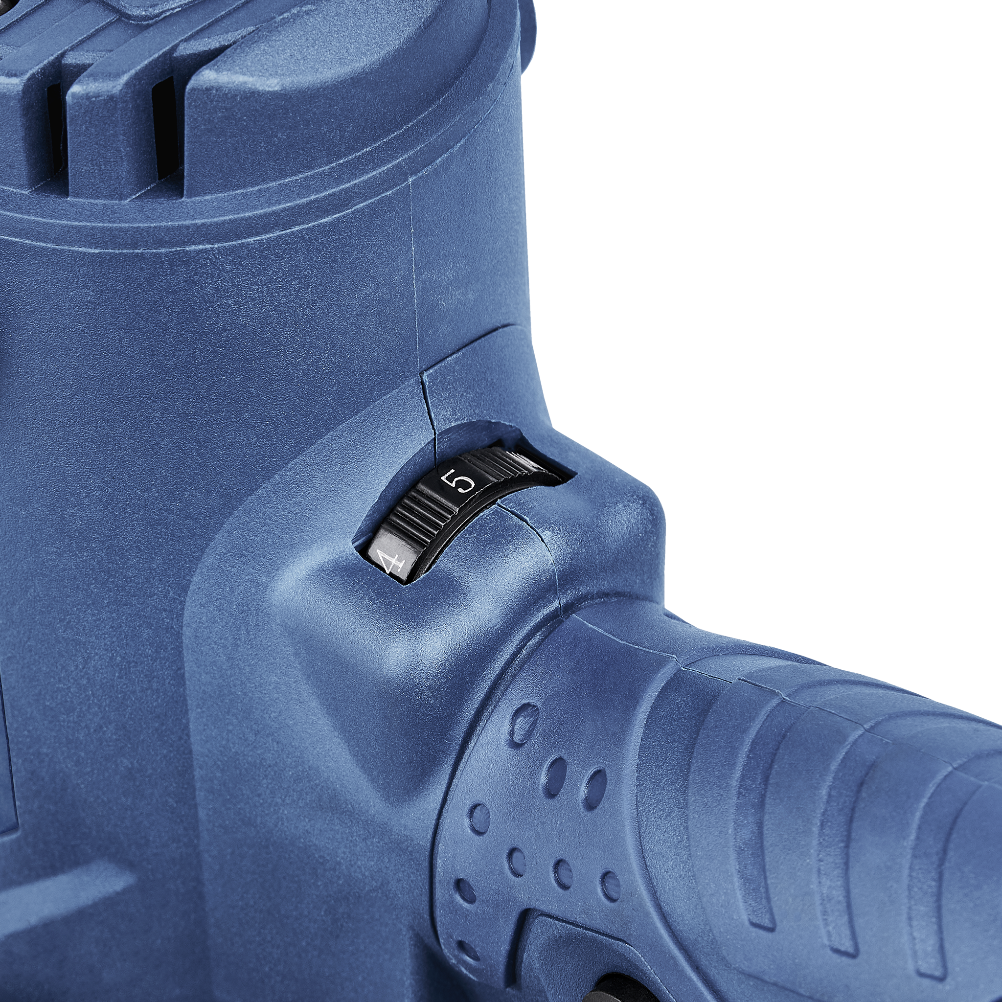 Zbliżenie niebieskiego elektronarzędzia. Czarny pokrętło pokazuje cyfry 4 i 5. Narzędzie ma teksturowane tworzywo sztuczne.