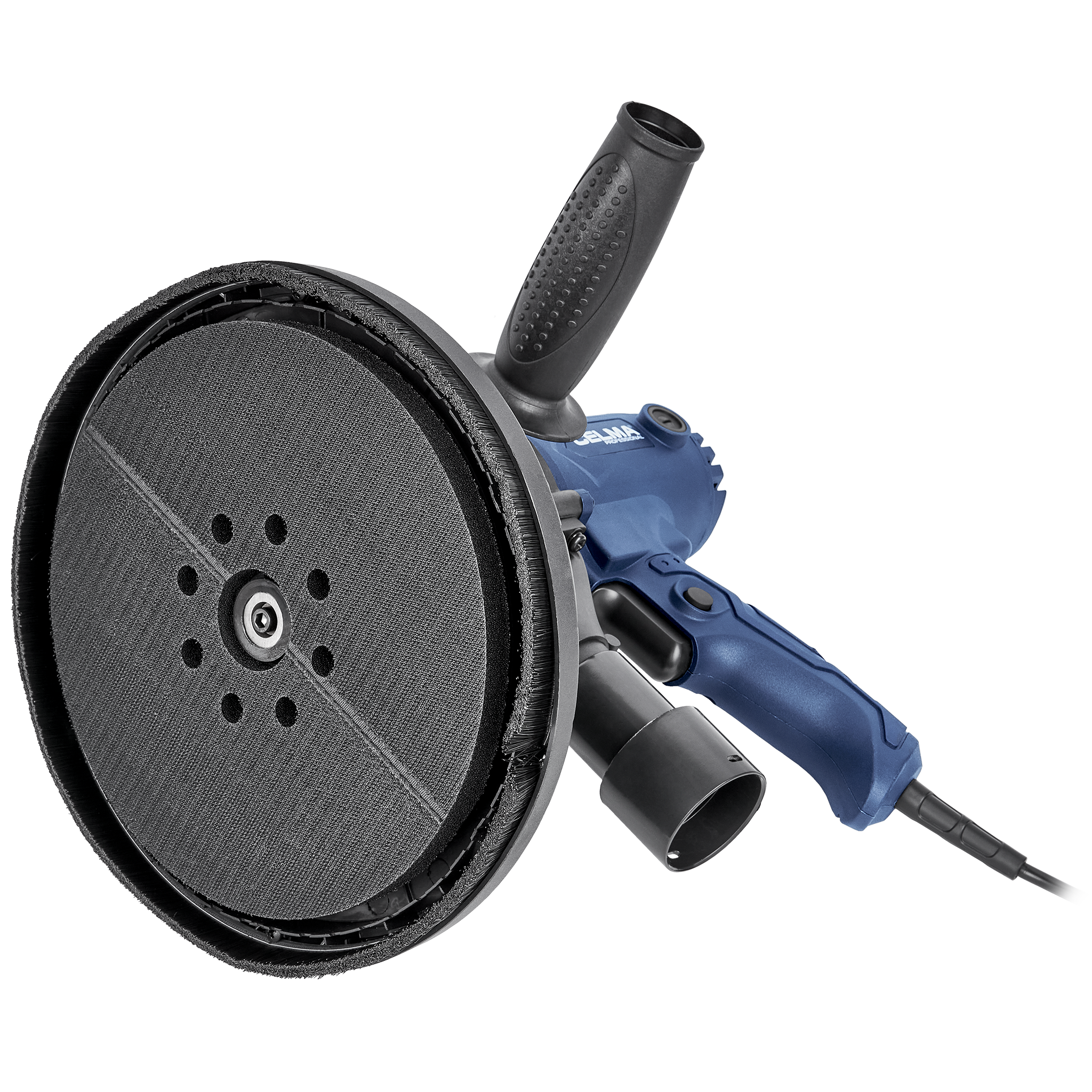 Niebiesko-czarna szlifierka elektryczna. Ma dużą okrągłą tarczę szlifierską, uchwyt i mocowanie do odkurzacza.