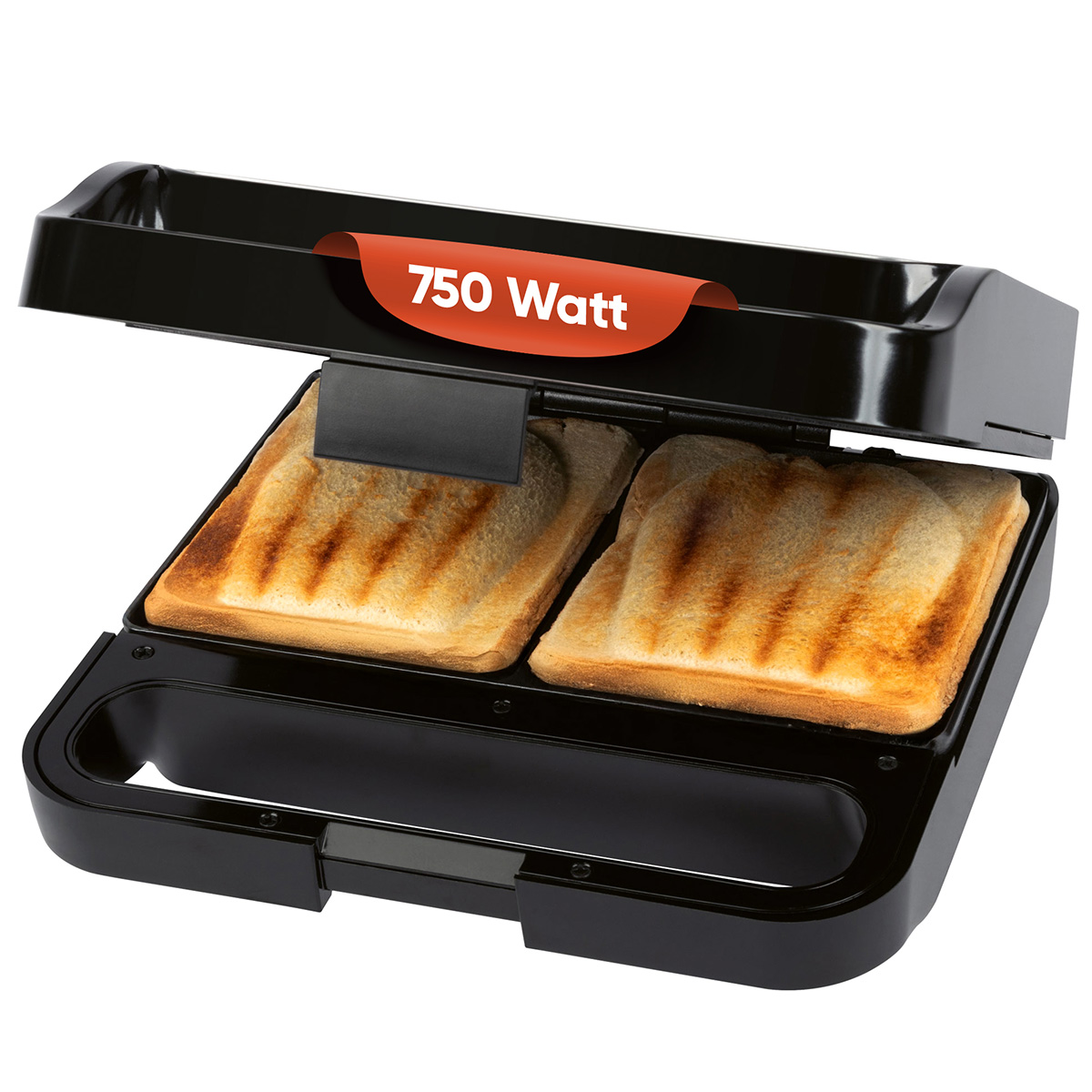 Una sandwich maker nera con due sandwich tostati all'interno. Un adesivo rosso dice 750 Watt. Il dispositivo è aperto.