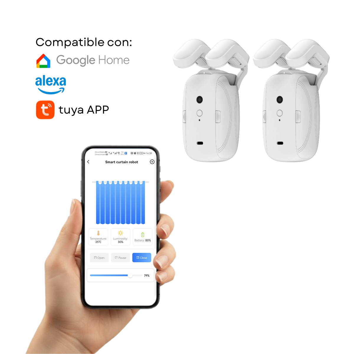 La imagen muestra un smartphone con una app de control de cortinas, dos robots de cortina blancos y logos de Google Home, Alexa y Tuya App.