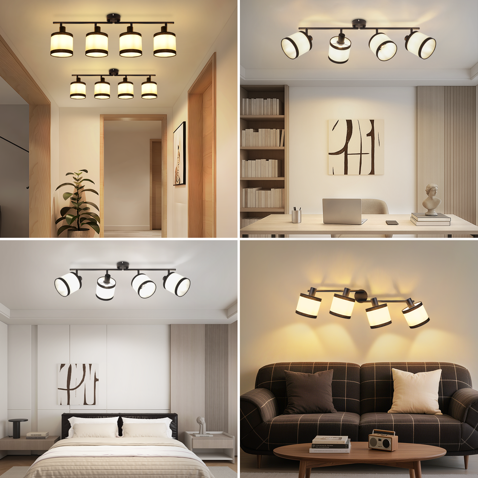 Das Bild zeigt mehrere moderne Deckenleuchten mit weißen Schirmen. Die Leuchten befinden sich in verschiedenen Räumen, darunter ein Schlafzimmer und ein Wohnzimmer.