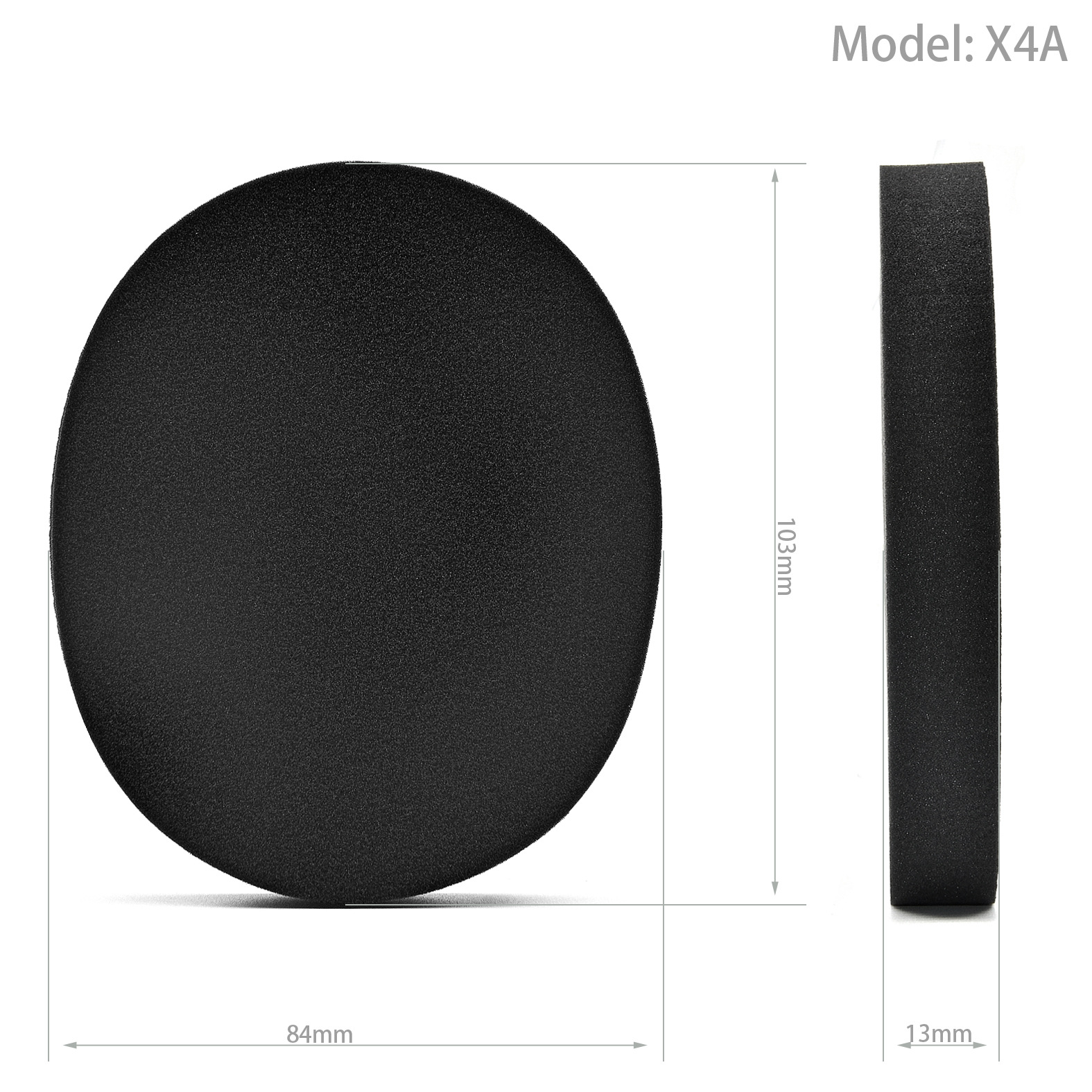 Czarny okrągły przedmiot, widok z boku pokazuje grubość. Wymiary: średnica 84 mm, wysokość 103 mm, grubość 13 mm.