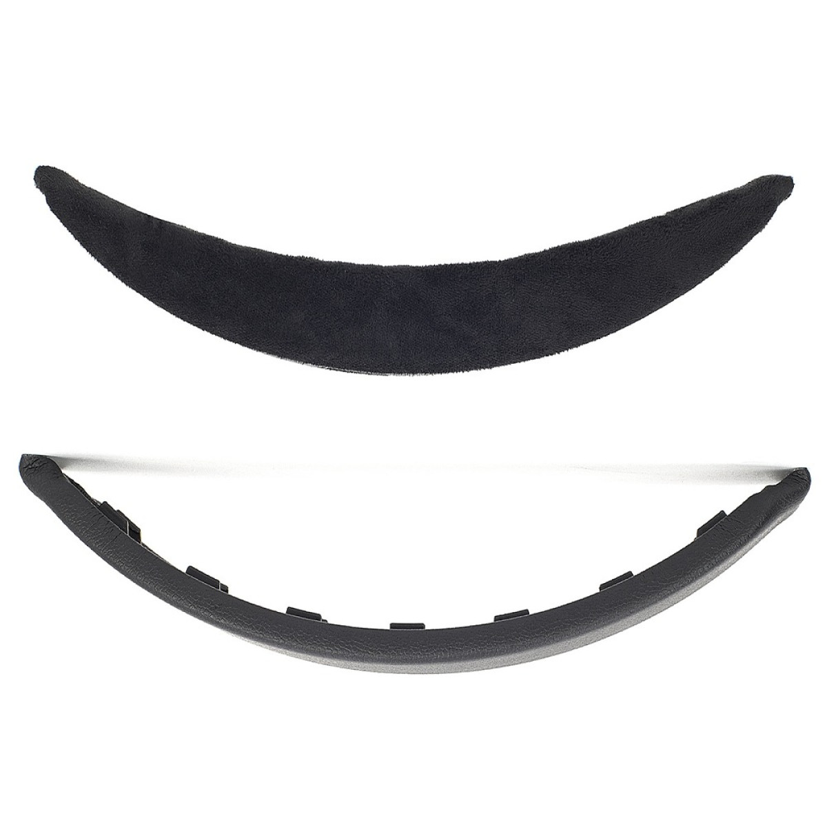 Dwa czarne, zakrzywione elementy na białym tle. Jeden puszysty, drugi teksturowany z małymi prostokątnymi wycięciami.