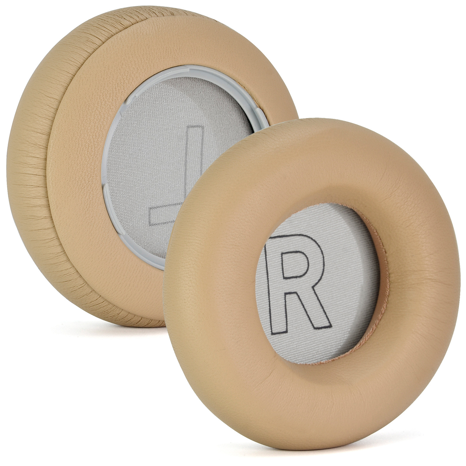 Dwie beżowe poduszki nauszne do słuchawek. Jedna pokazuje 'L', druga 'R'. Obie mają jasnoszare siatkowe centrum.