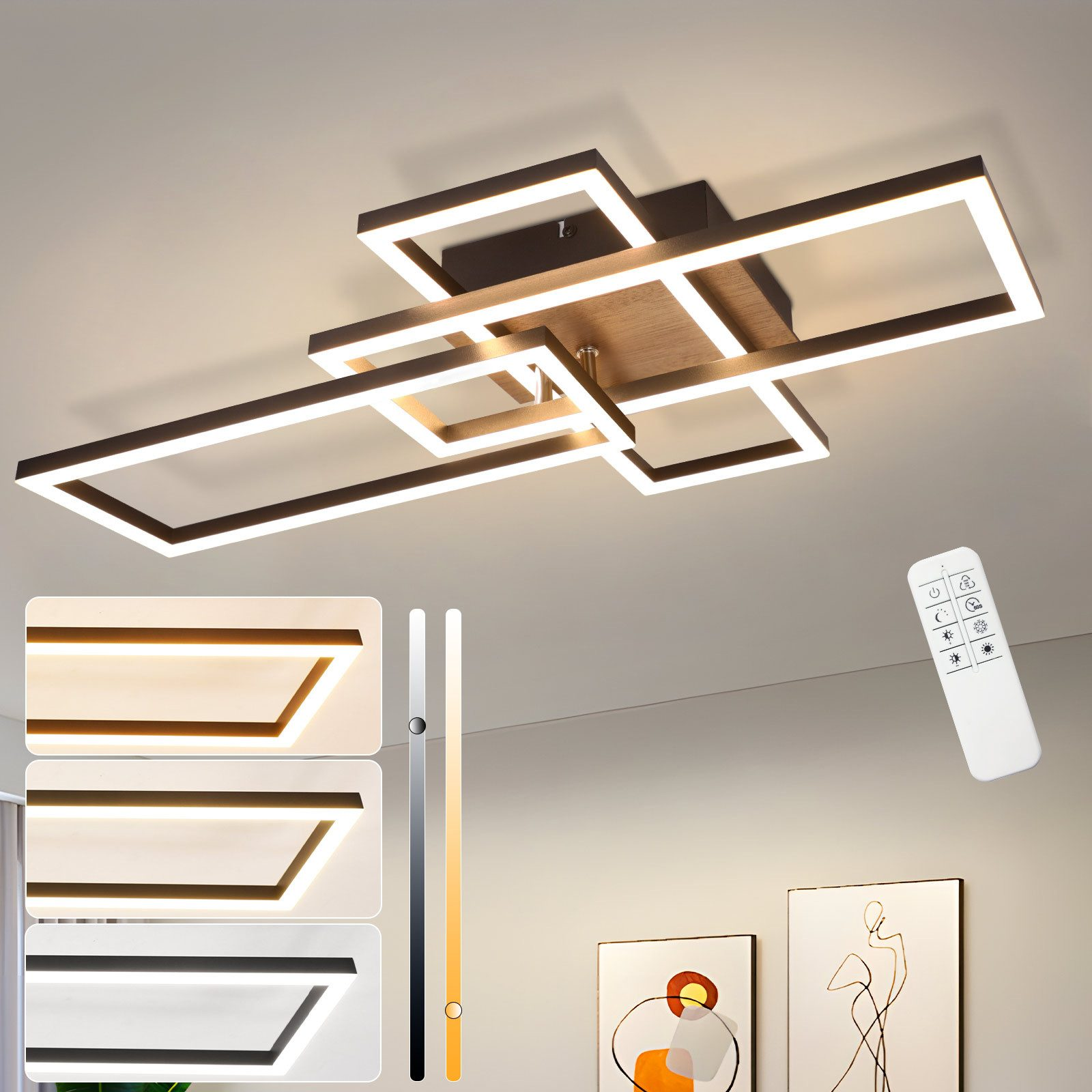Lampa sufitowa, geometryczny design, z pilotem. Wyświetlane opcje kolorów. Grafika na ścianie.