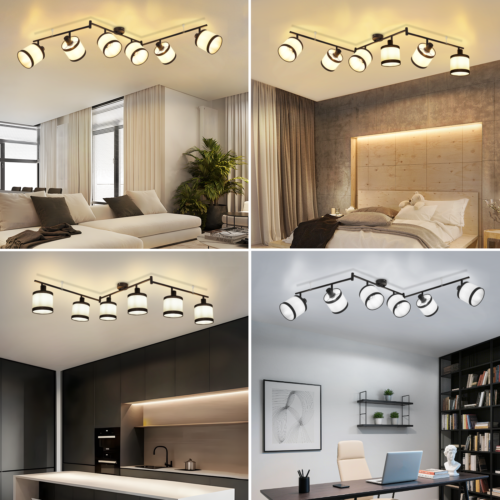 Eine Deckenleuchte mit 7 weißen zylindrischen Lampen. Die Lampen befinden sich auf einem schwarzen Metallrahmen. Der Hintergrund ist ein Raum.