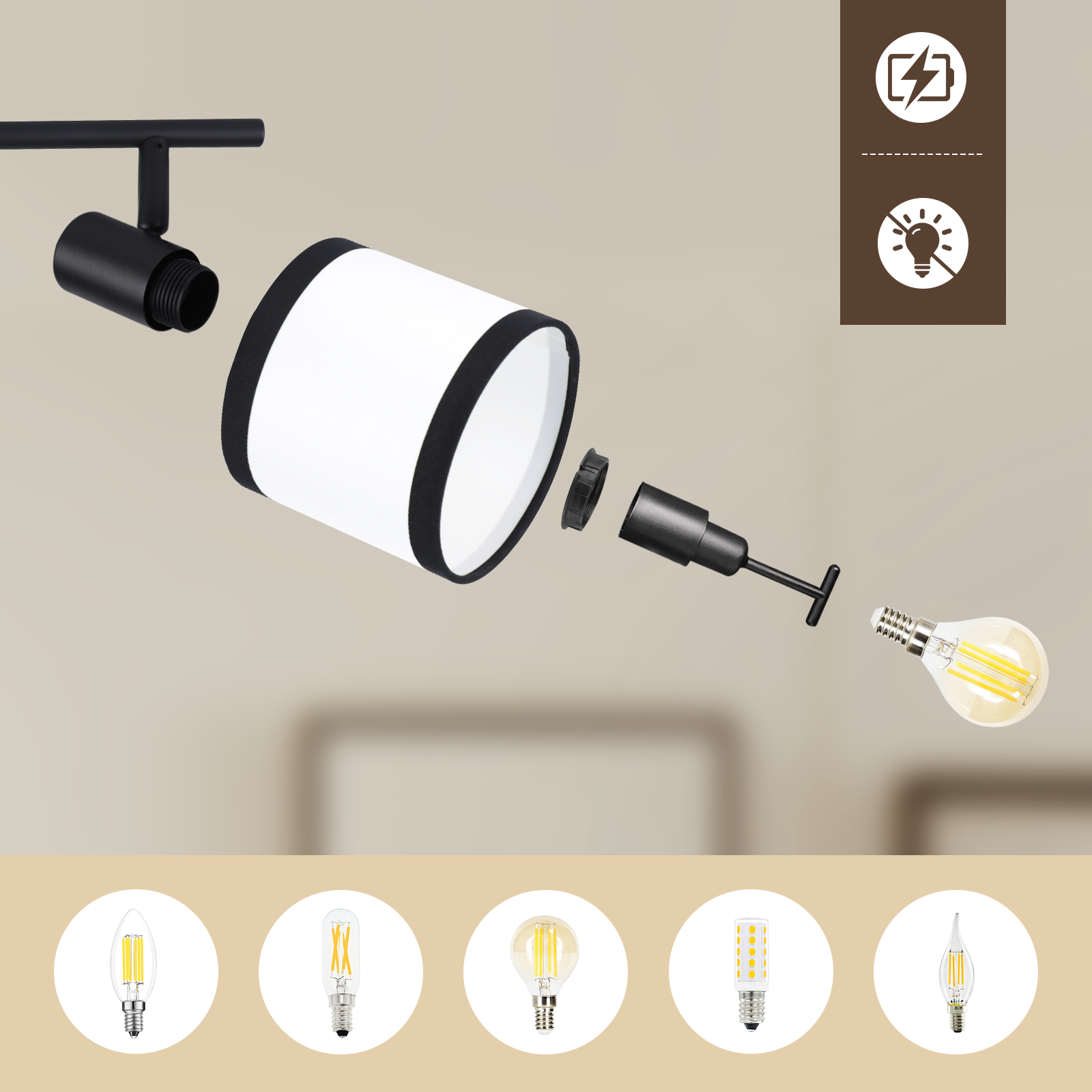 Zerlegte Lampe mit weißem Schirm, schwarzem Rand und verschiedenen Leuchtmitteloptionen. Teile sind getrennt, mit Lichtsymbolen.
