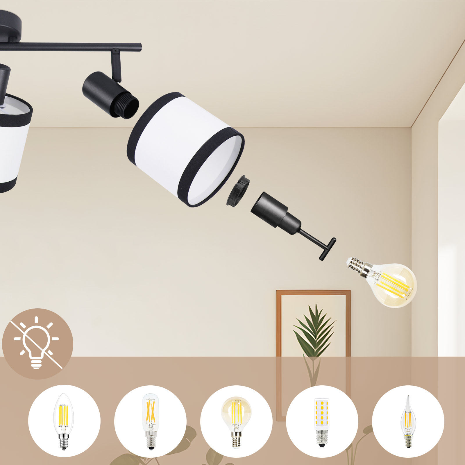 Eine zerlegte schwarz-weiße Lampe mit einer Glühbirne und verschiedenen Glühbirnenoptionen auf beigem Hintergrund.