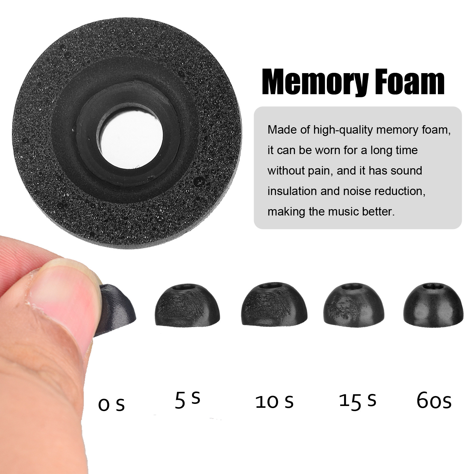 Auricolari neri, anello in schiuma e testo 'Memory Foam'. Mano che tiene un auricolare. Taglie etichettate.