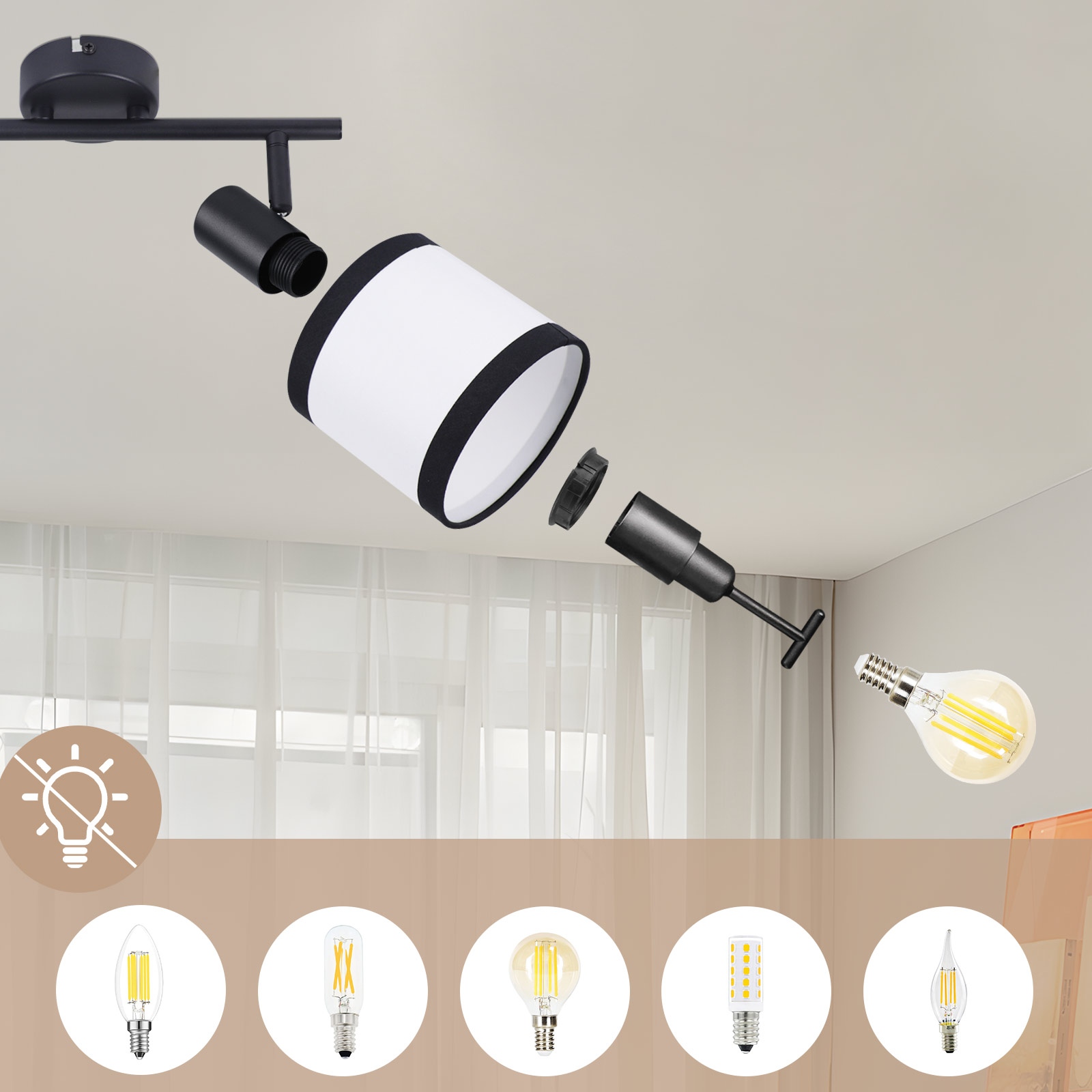 Eine zerlegte schwarz-weiße Lampe. Darunter befinden sich mehrere Glühbirnen. Links ist ein Glühbirnensymbol.