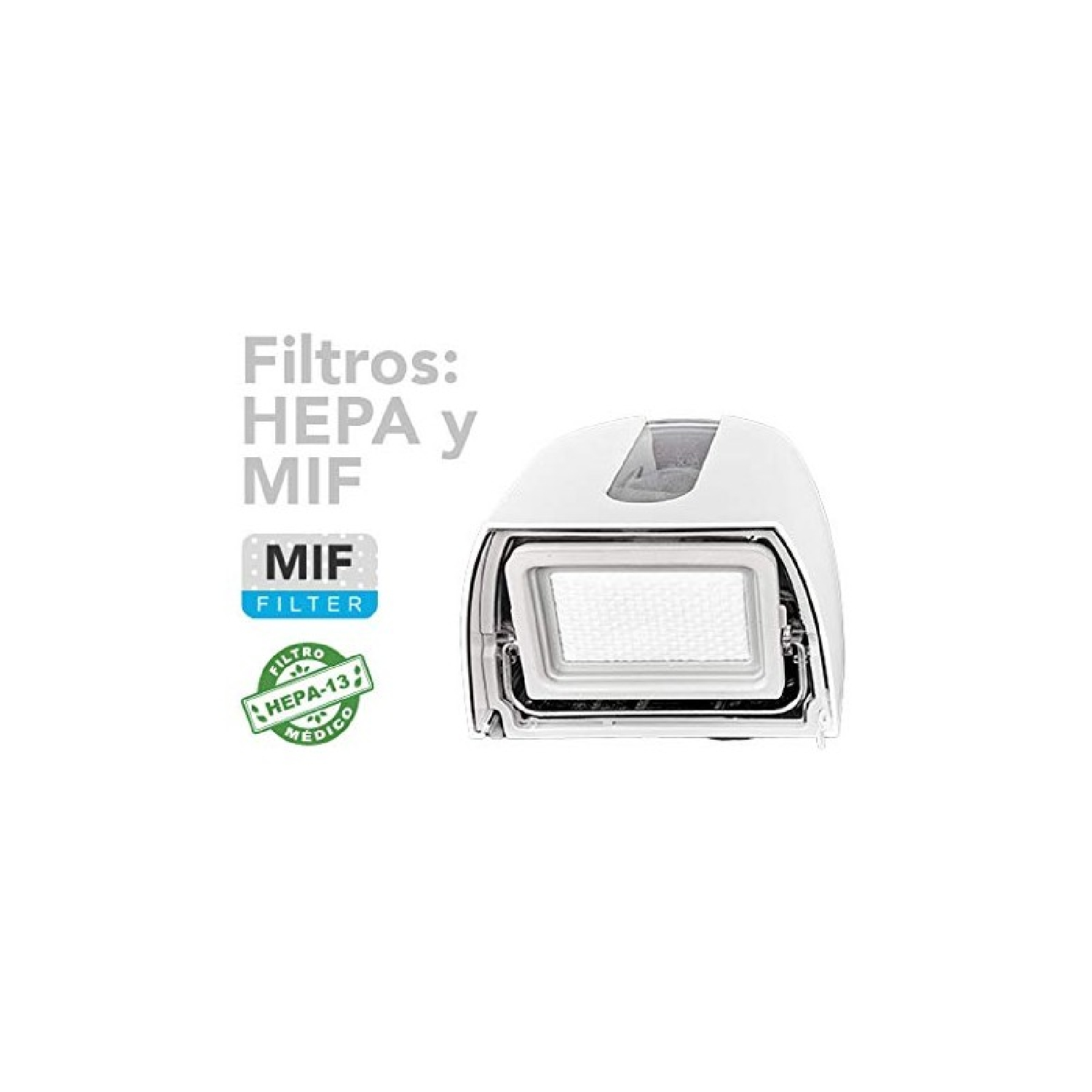Un componente blanco de filtro de aire con etiquetas HEPA y MIF se muestra sobre un fondo blanco. El filtro es rectangular.