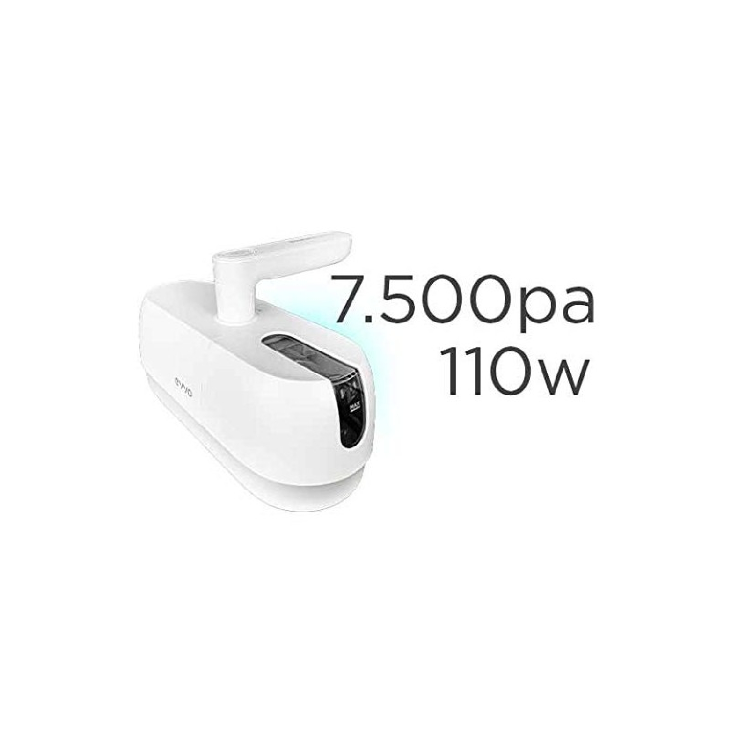Una aspiradora de mano blanca con asa. El texto a la derecha dice: 7.500pa 110w. El fondo es blanco.