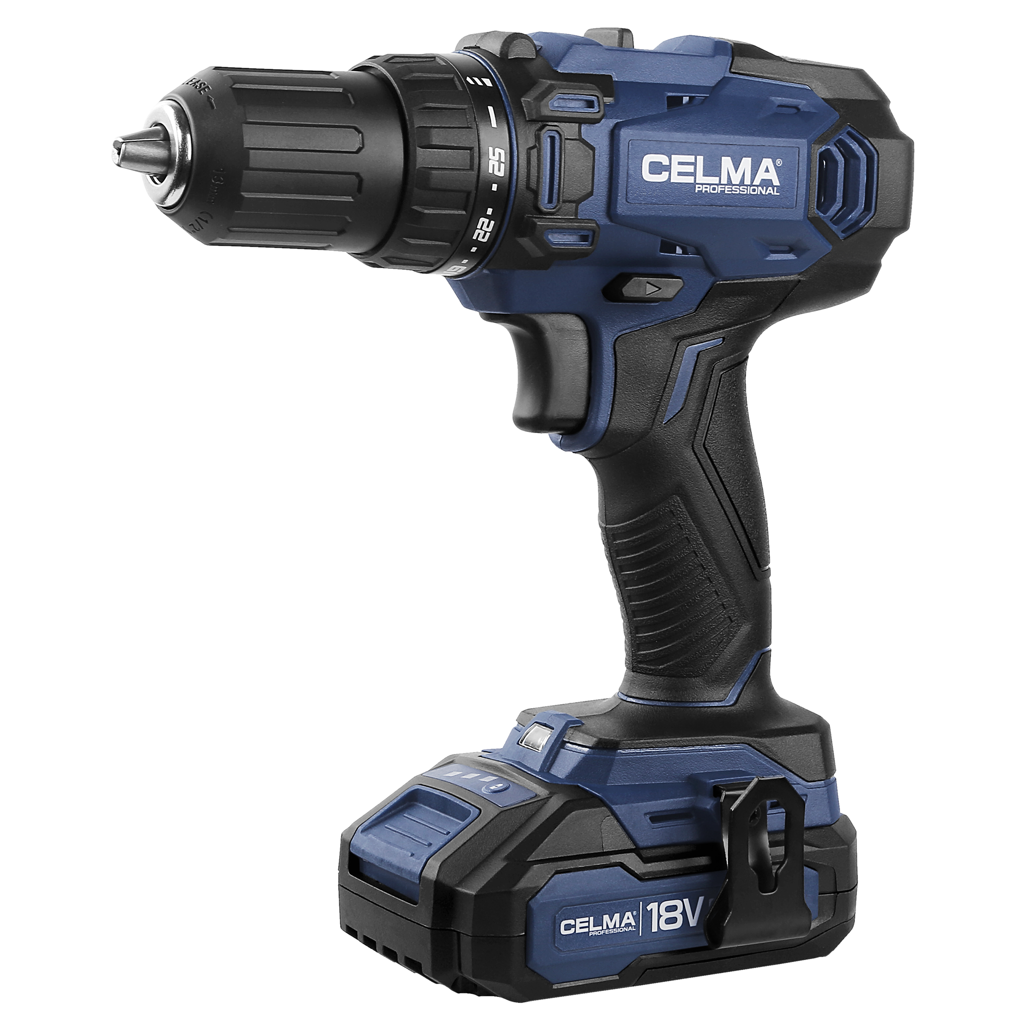 Niebiesko-czarna wiertarko-wkrętarka akumulatorowa. Marka to CELMA. Ma akumulator i wiertło.