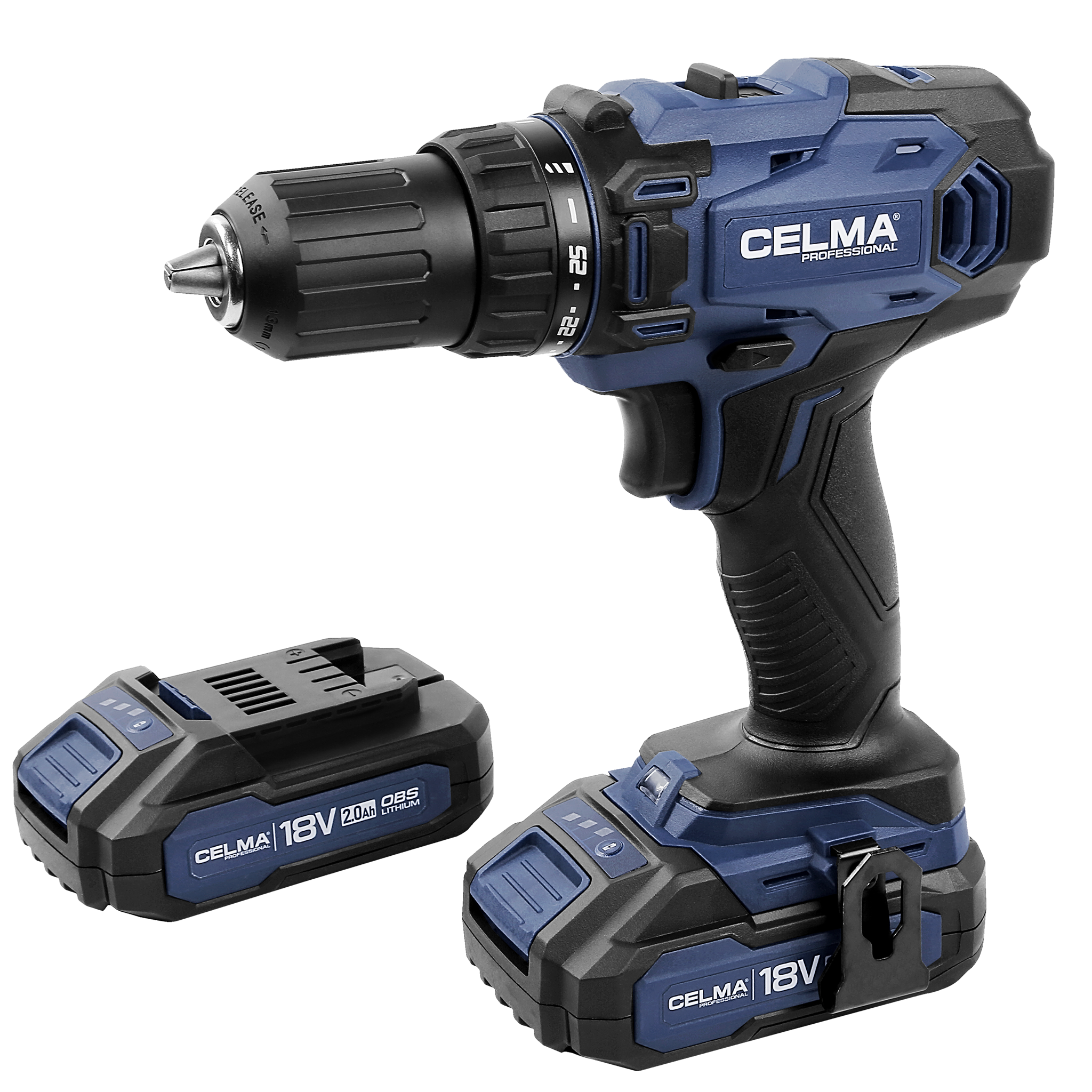 Wiertarka bezprzewodowa w czarno-niebieskiej kolorystyce, z odłączanym akumulatorem. Widoczna marka CELMA.