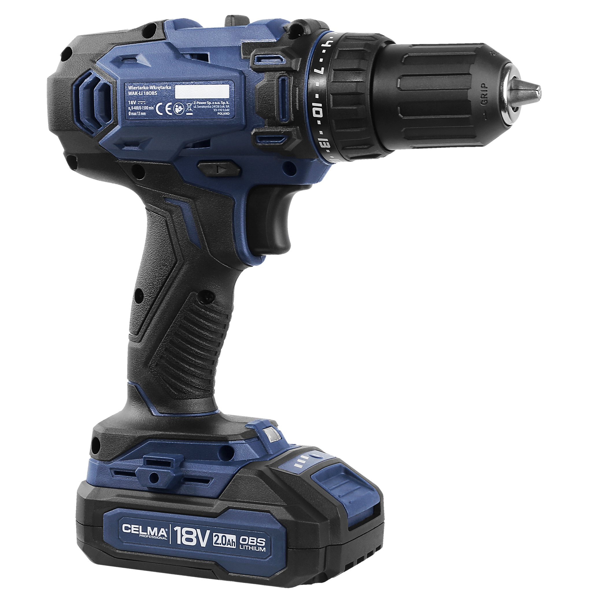 Niebiesko-czarna wiertarko-wkrętarka akumulatorowa. Ma akumulator, spust i uchwyt. Marka CELMA.