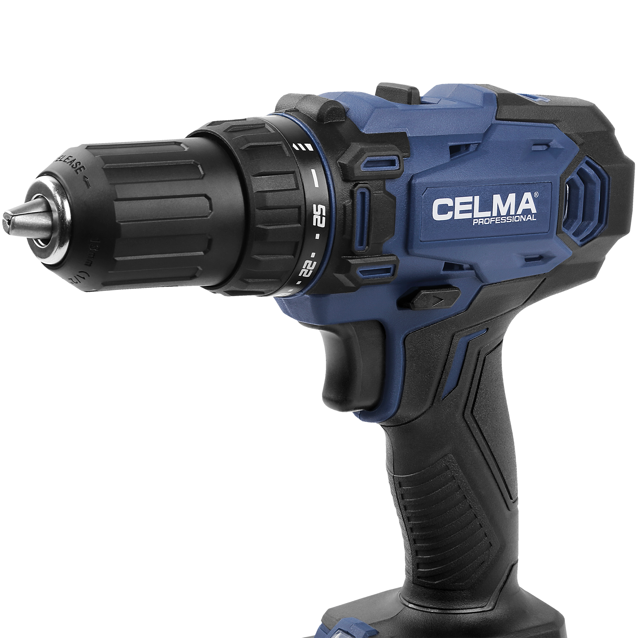 Niebiesko-czarna wiertarka akumulatorowa. Ma markę CELMA. Wiertarka jest na białym tle.