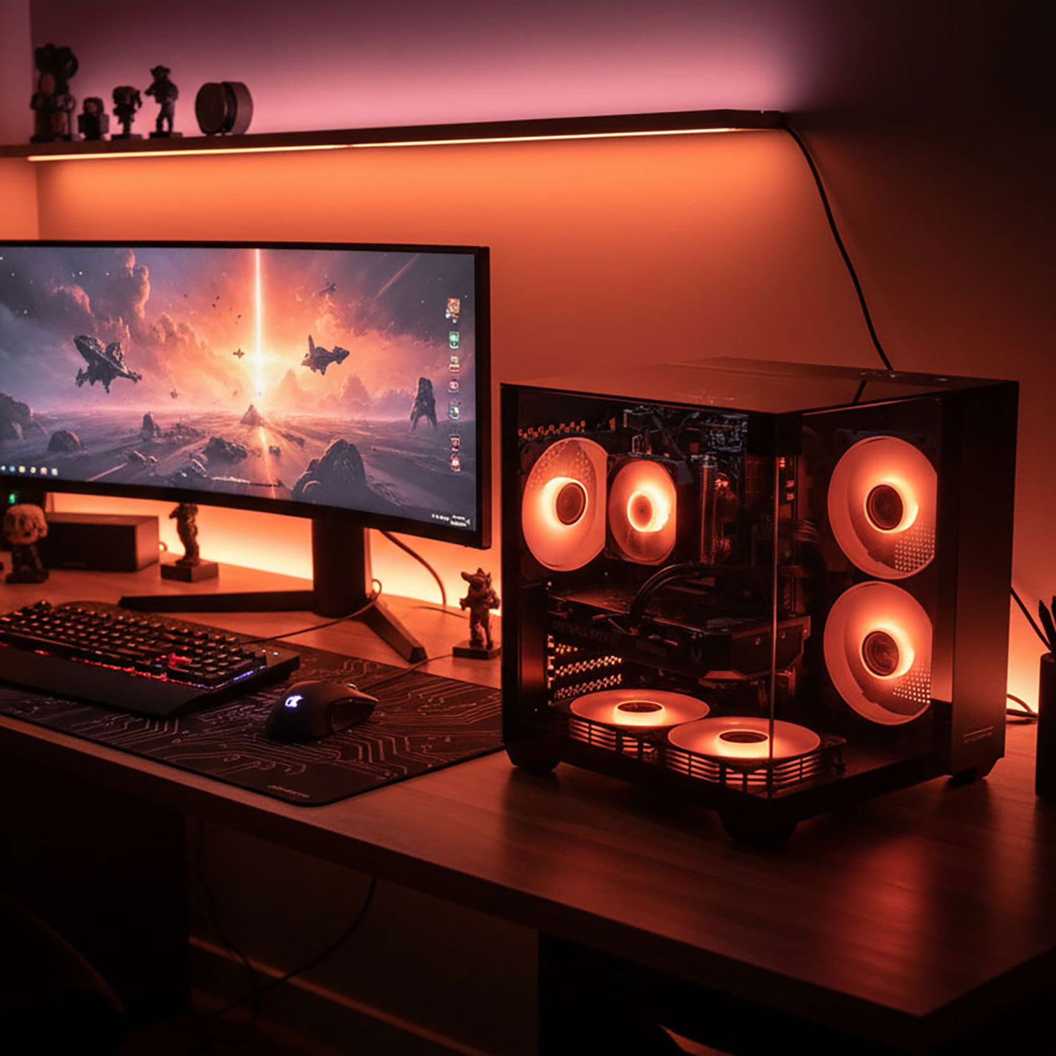 Gaming-PC-Setup auf einem Holzschreibtisch. Enthält einen Monitor mit einer Fantasy-Szene, Tastatur, Maus und einen Computerturm mit leuchtenden Lüftern.