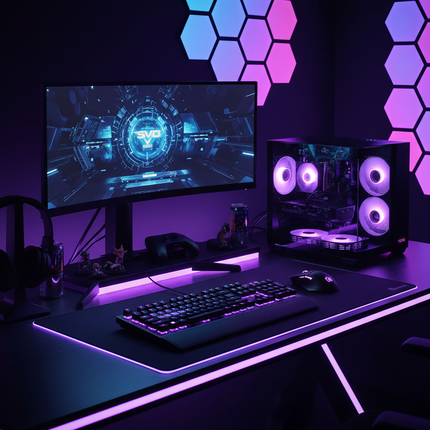 Ein Gaming-Setup mit Monitor, PC, Tastatur und Maus. Beleuchtet von lila und blauen LEDs. Sechseckige Lichter an der Wand.