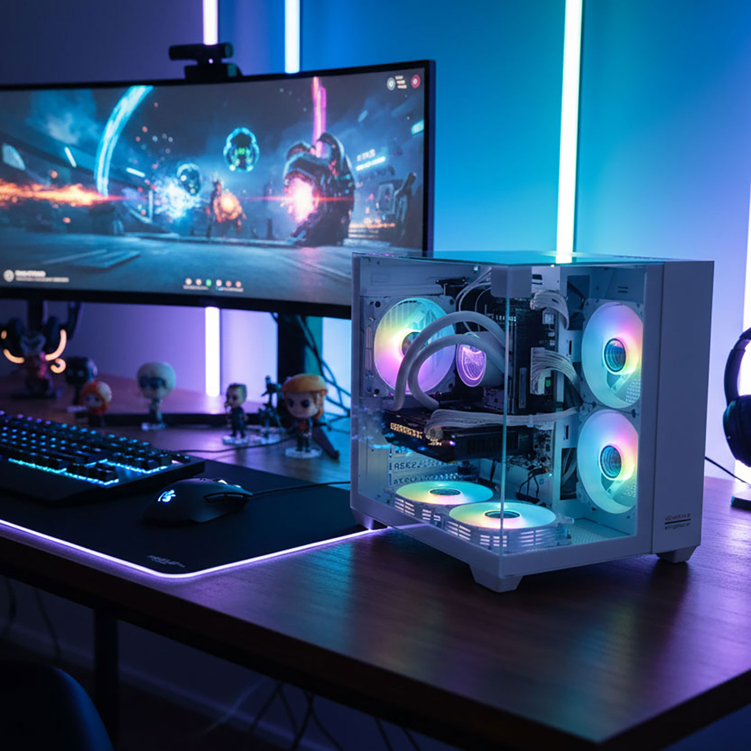 Ein Gaming-Setup mit Computer, Monitor, Tastatur und Maus. Der Computer hat RGB-Lüfter. Der Monitor zeigt eine Spielszene.