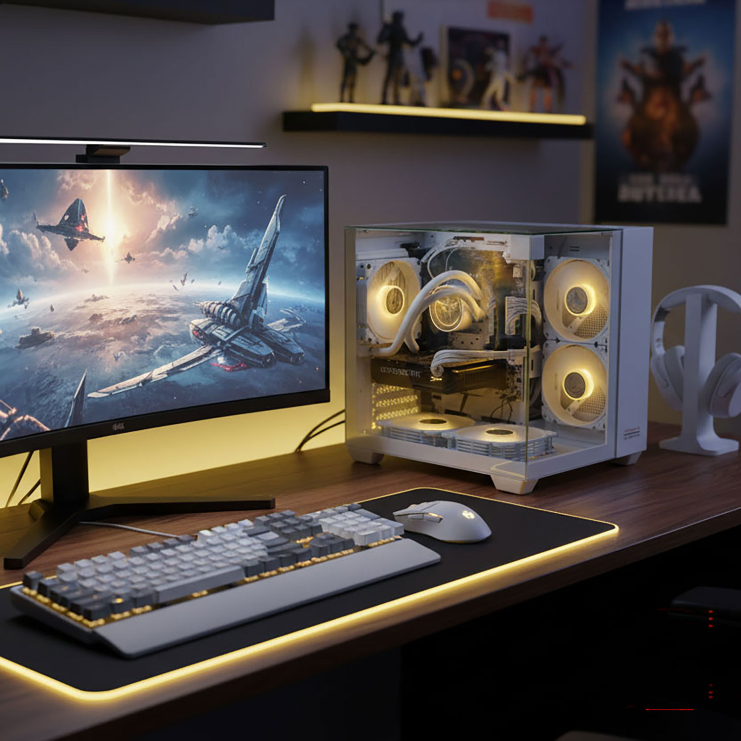 Gaming-Setup mit Computer, Monitor mit Weltraumbild, Tastatur, Maus und Kopfhörern. Beleuchteter Schreibtisch und Regale.