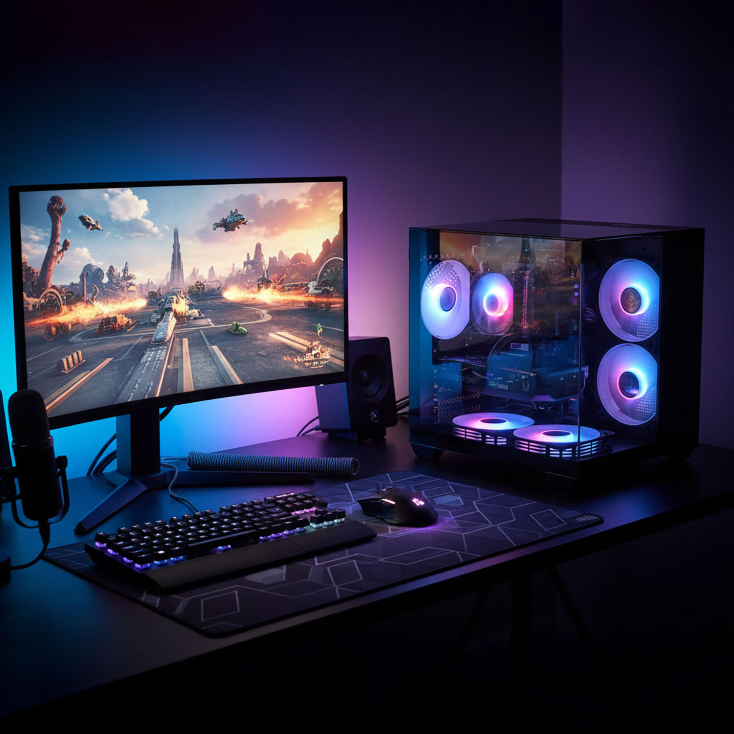 Gaming-Setup mit Monitor, der eine futuristische Szene zeigt, Tastatur, Maus, PC-Gehäuse mit beleuchteten Lüftern und Lautsprechern.