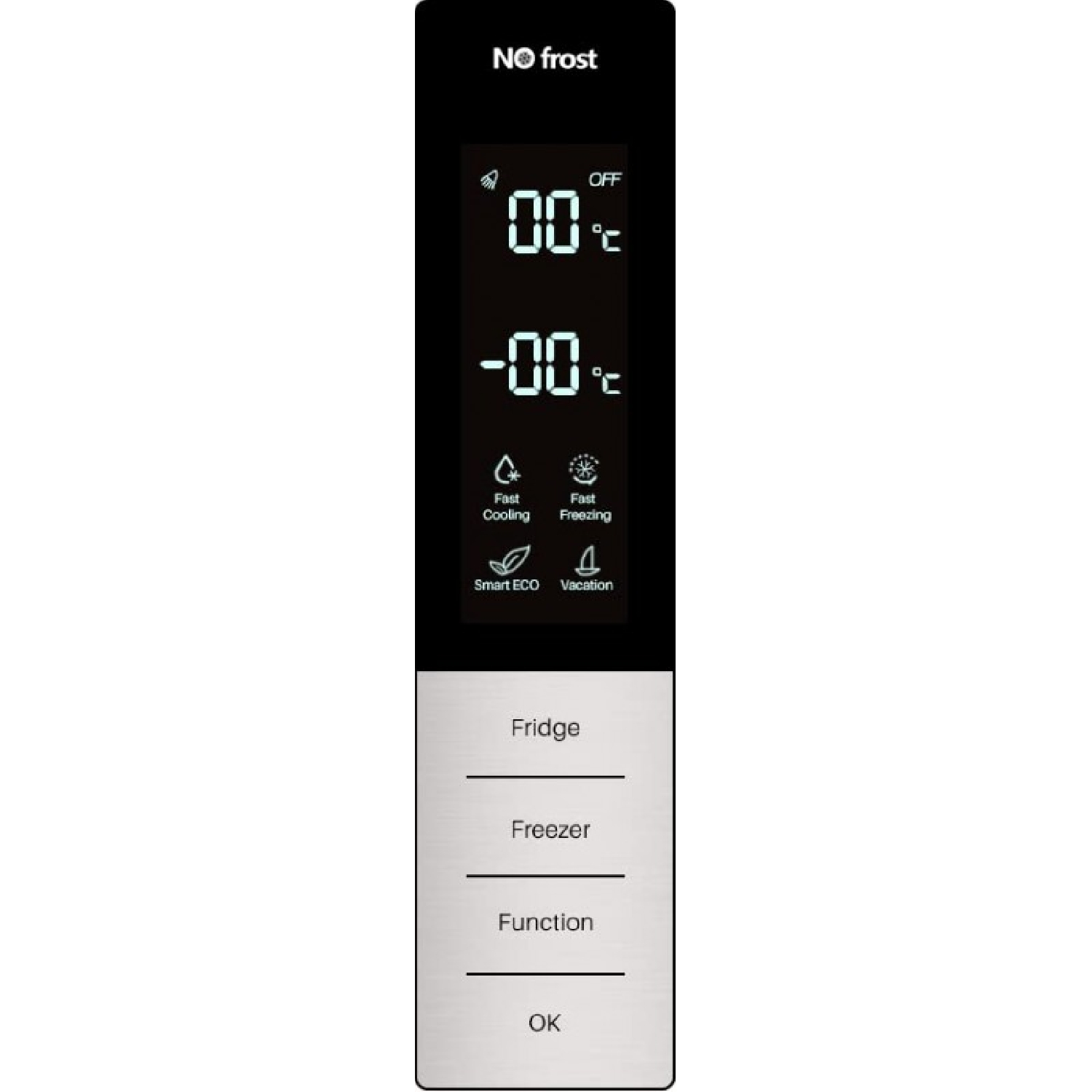 Panel de control del refrigerador con pantalla digital y temperatura. Botones para nevera, congelador, función y OK.