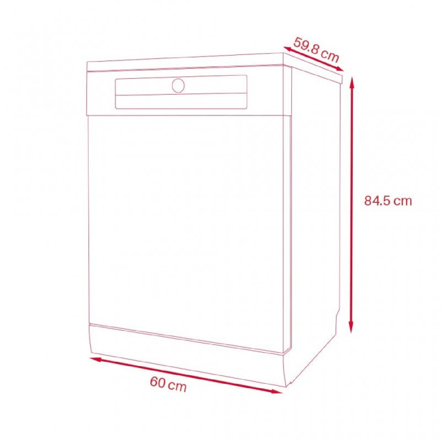 Biała zmywarka o wymiarach: 60 cm szerokości, 59,8 cm głębokości i 84,5 cm wysokości. Obrys z okręgiem z przodu.