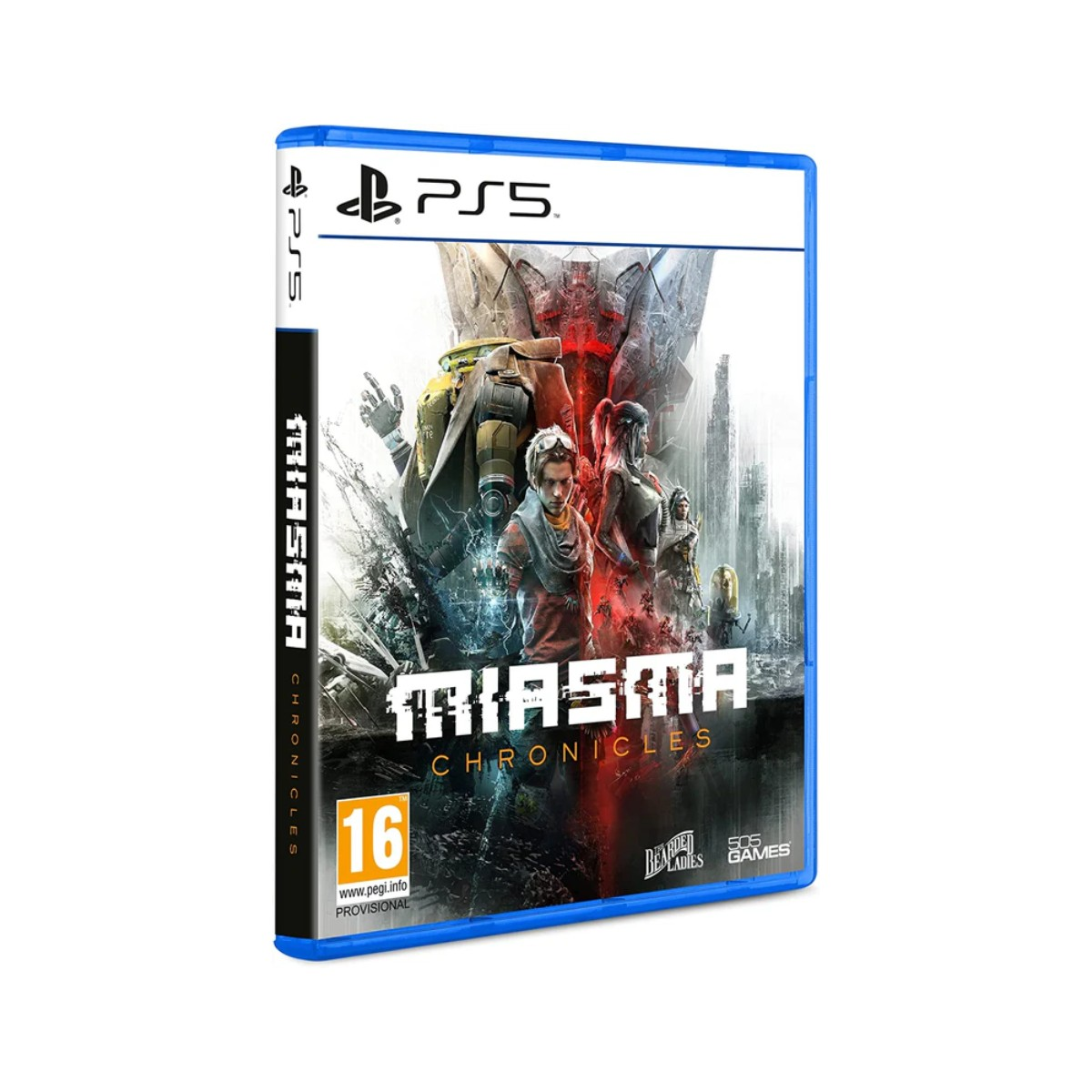 Pudełko gry PS5 'Miasma Chronicles'. Przedstawia postacie w postapokaliptycznym otoczeniu, z tytułem gry na pierwszym planie.