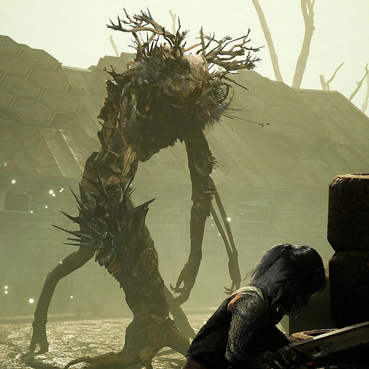 Wysokie, drzewiaste stworzenie stoi nad osobą. Stworzenie ma kolce i gałęzie. W tle budynek.