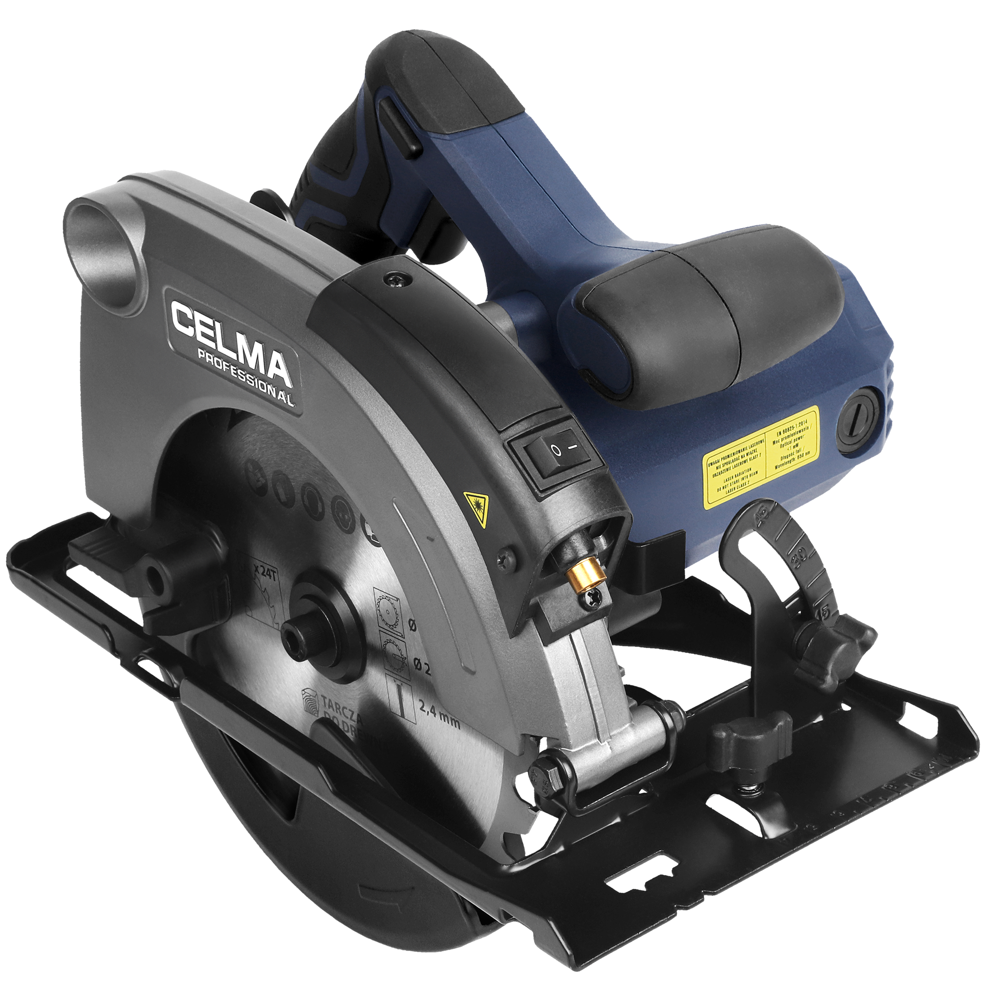 Szara i niebieska piła tarczowa na czarnej powierzchni. Piła ma ostrze i uchwyt.