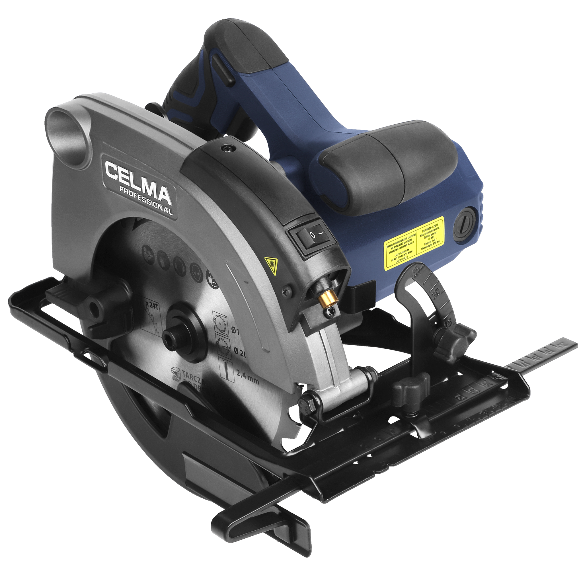 Szara i niebieska piła tarczowa na białym tle. Piła ma ostrze, uchwyt i podstawę.