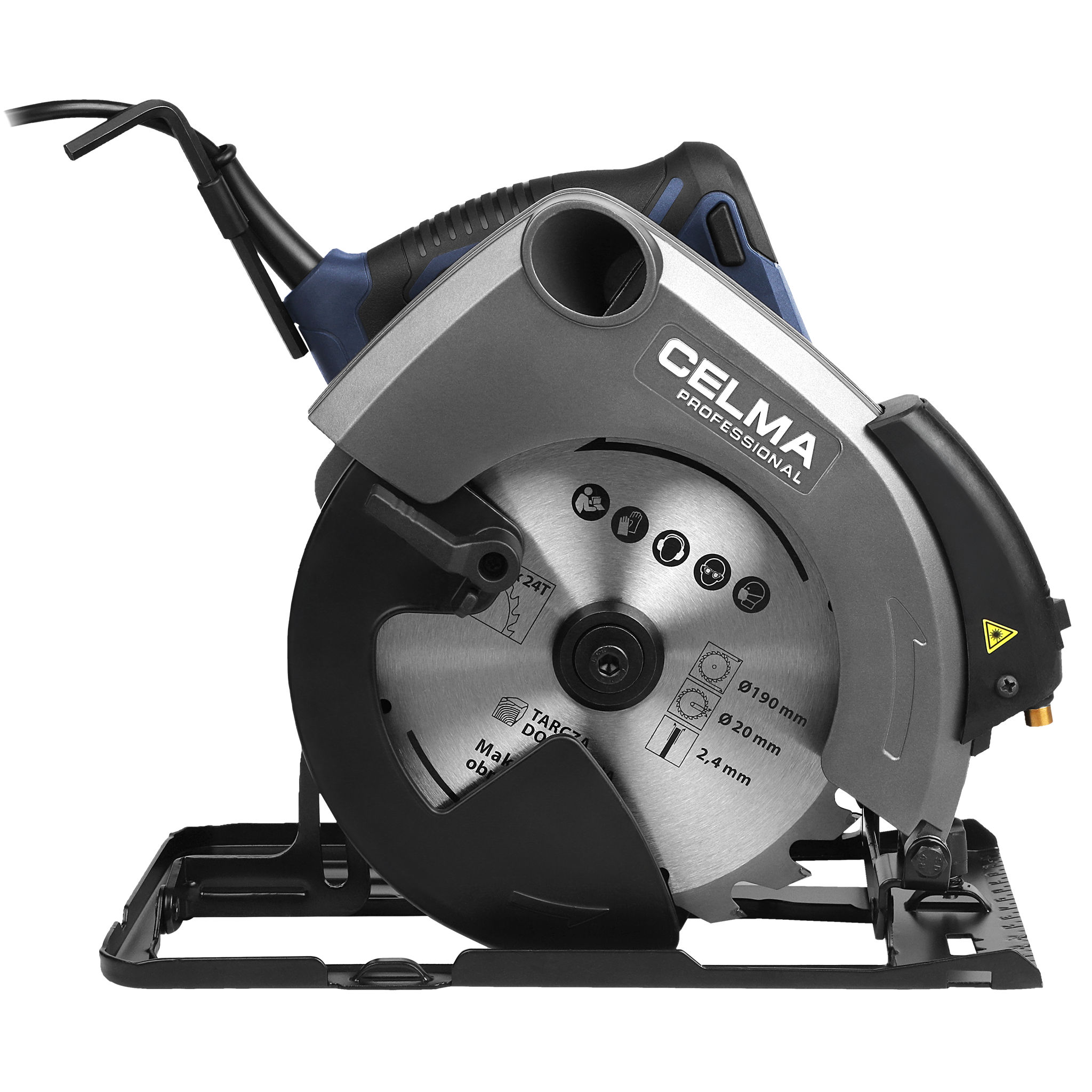 Szara i niebieska piła tarczowa na czarnej podstawie, ostrze jest metalowe z ikonami bezpieczeństwa.