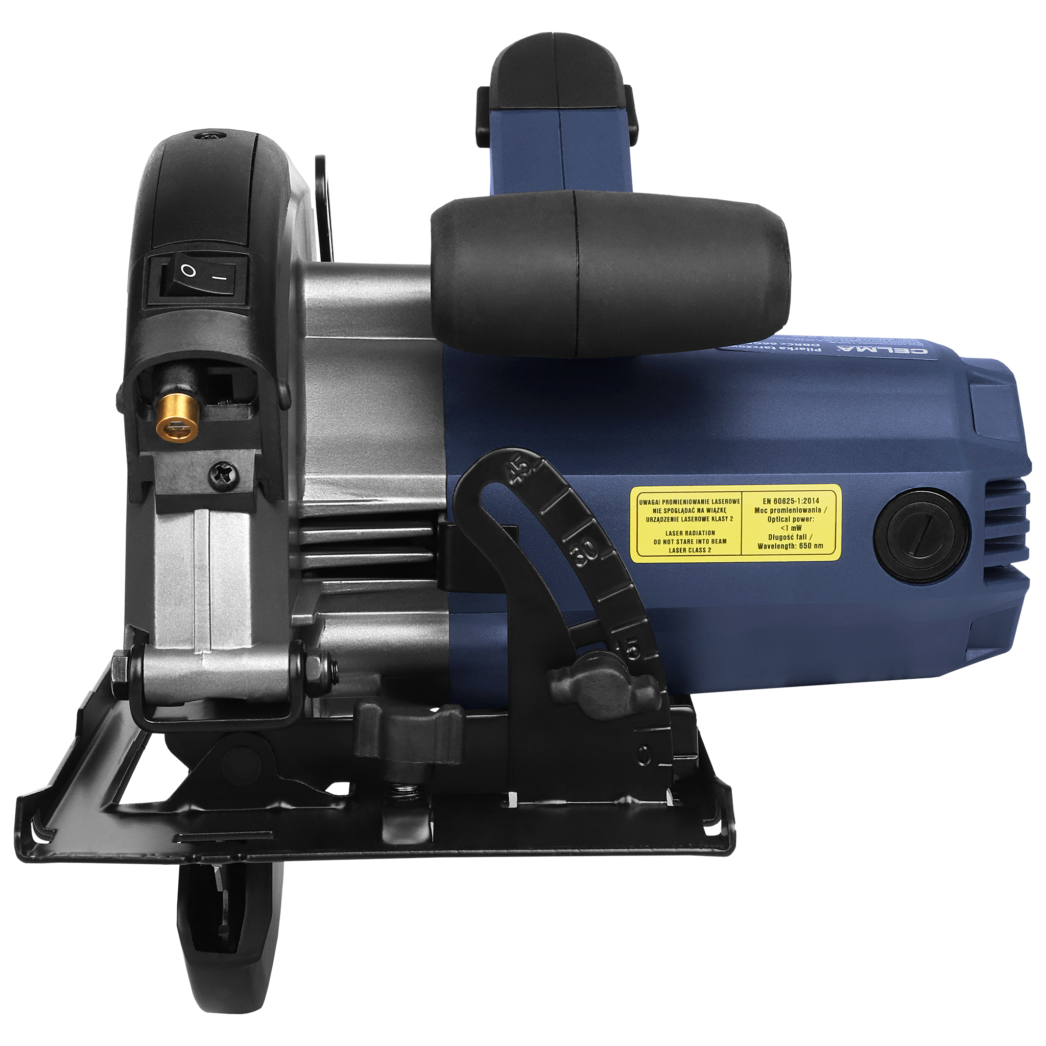 Niebiesko-czarna piła tarczowa. Ma czarny uchwyt, srebrną osłonę ostrza i żółtą naklejkę.