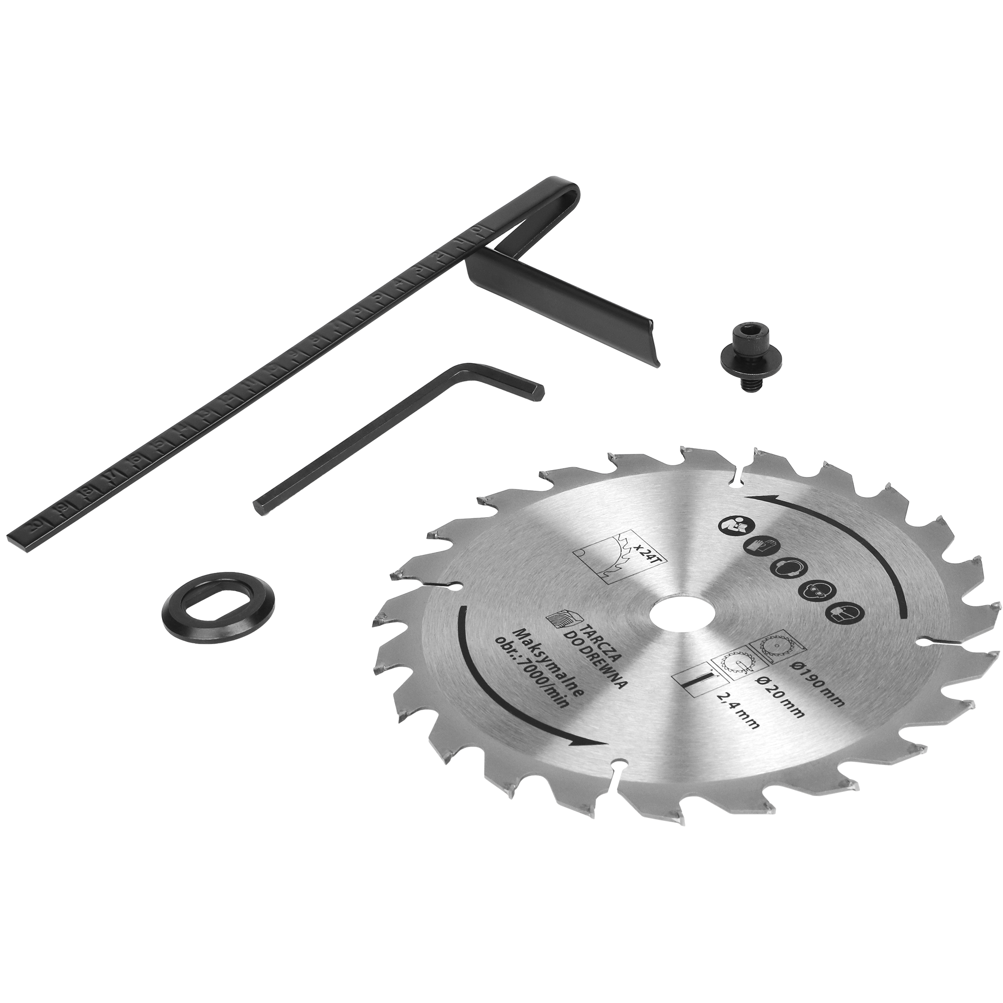 Ostrze piły, metalowy kątownik, klucz imbusowy i czarny pierścień na białym tle.