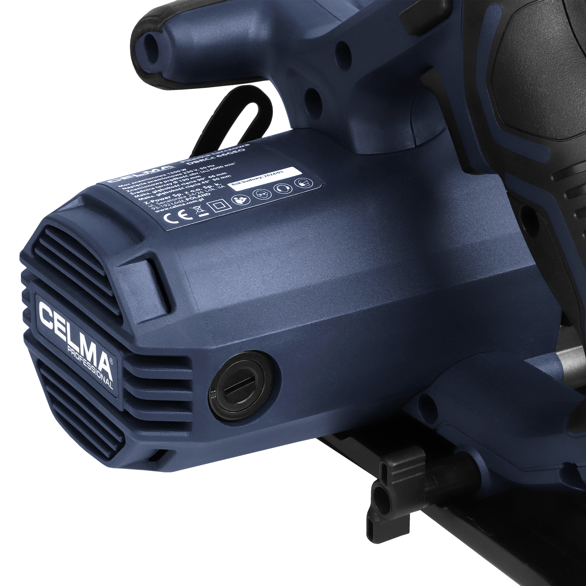 Zbliżenie ciemnoniebieskiego elektronarzędzia z czarnymi akcentami. Widoczna marka 'CELMA'.