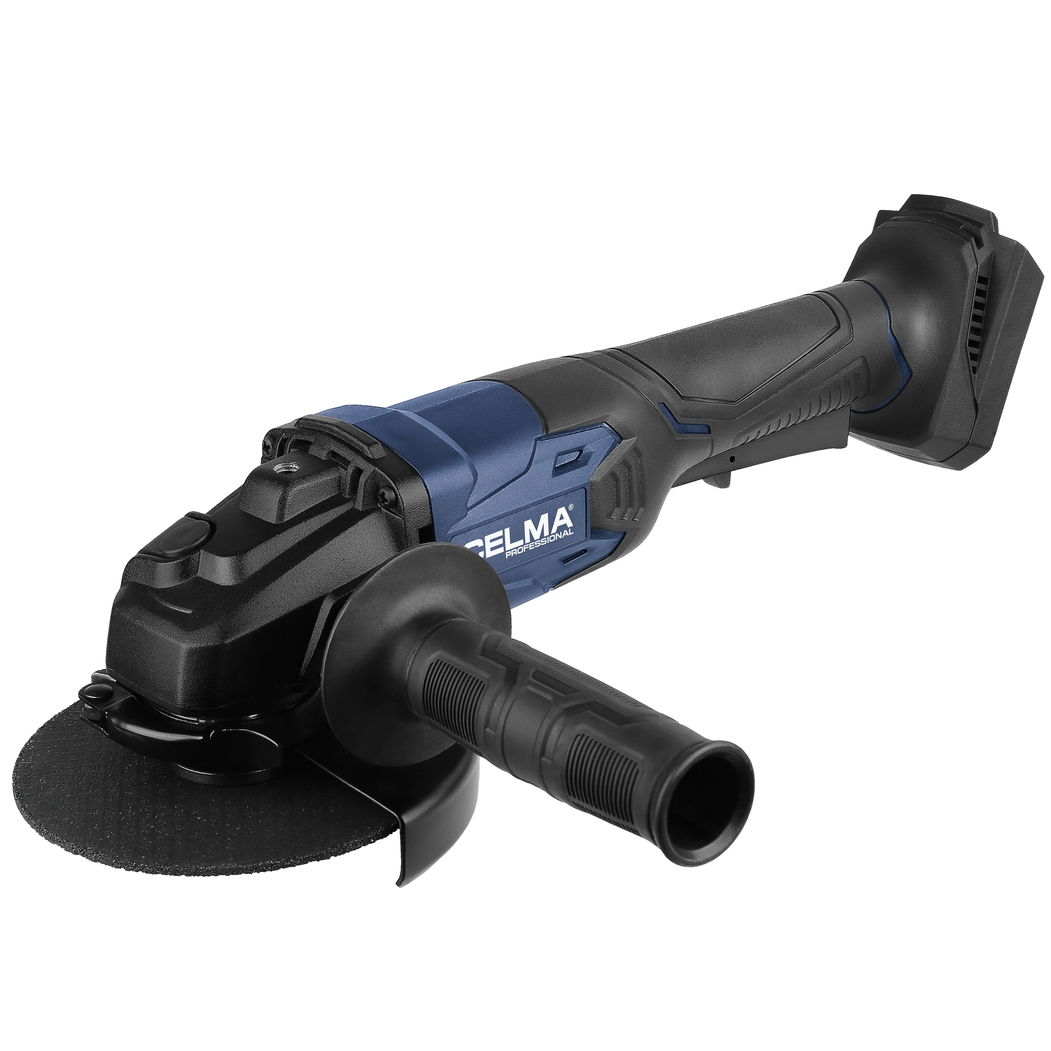 Szlifierka kątowa. Jest czarna i niebieska. Szlifierka ma tarczę. Znajduje się na białym tle.