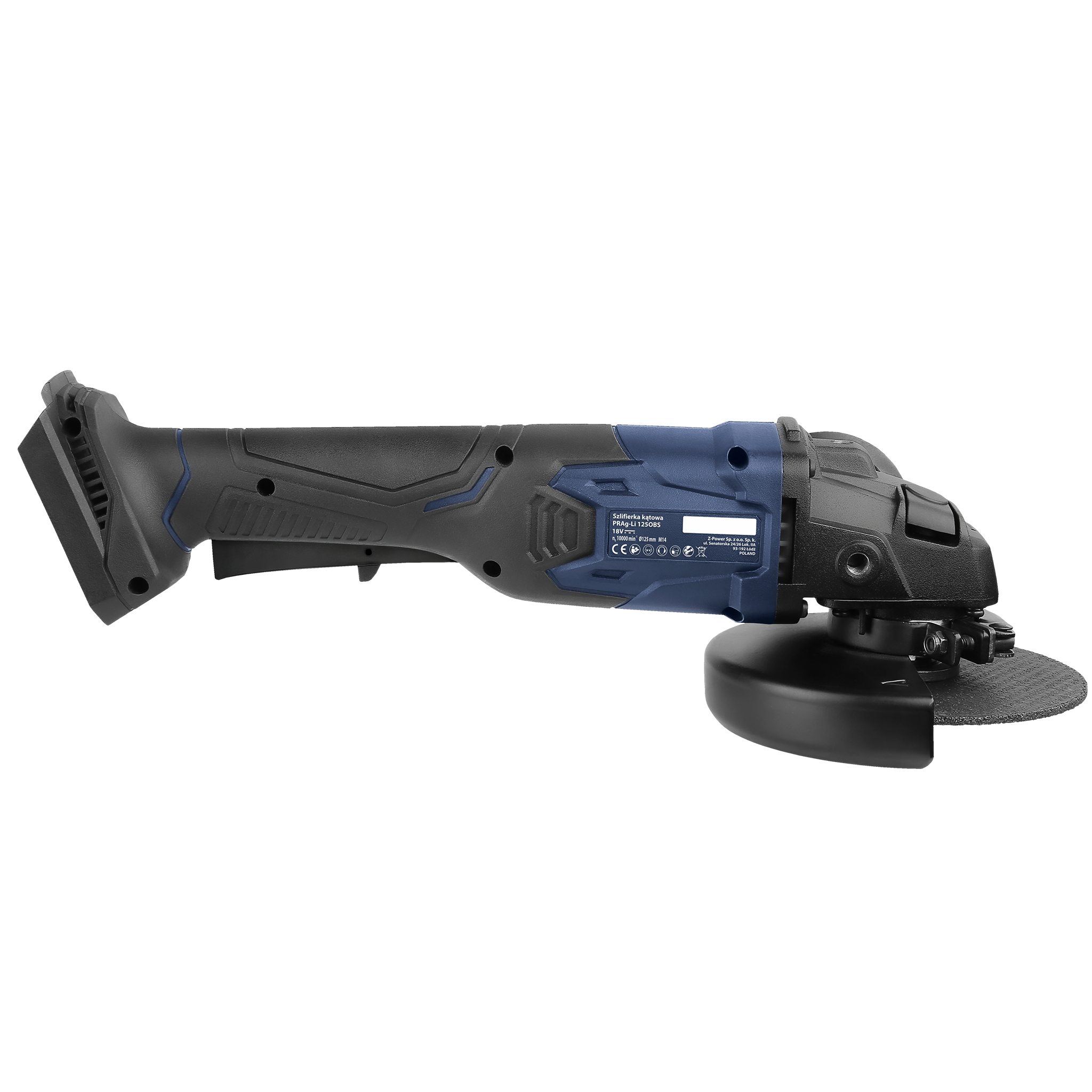 Czarno-niebieska szlifierka kątowa na białym tle. Posiada obracającą się tarczę.