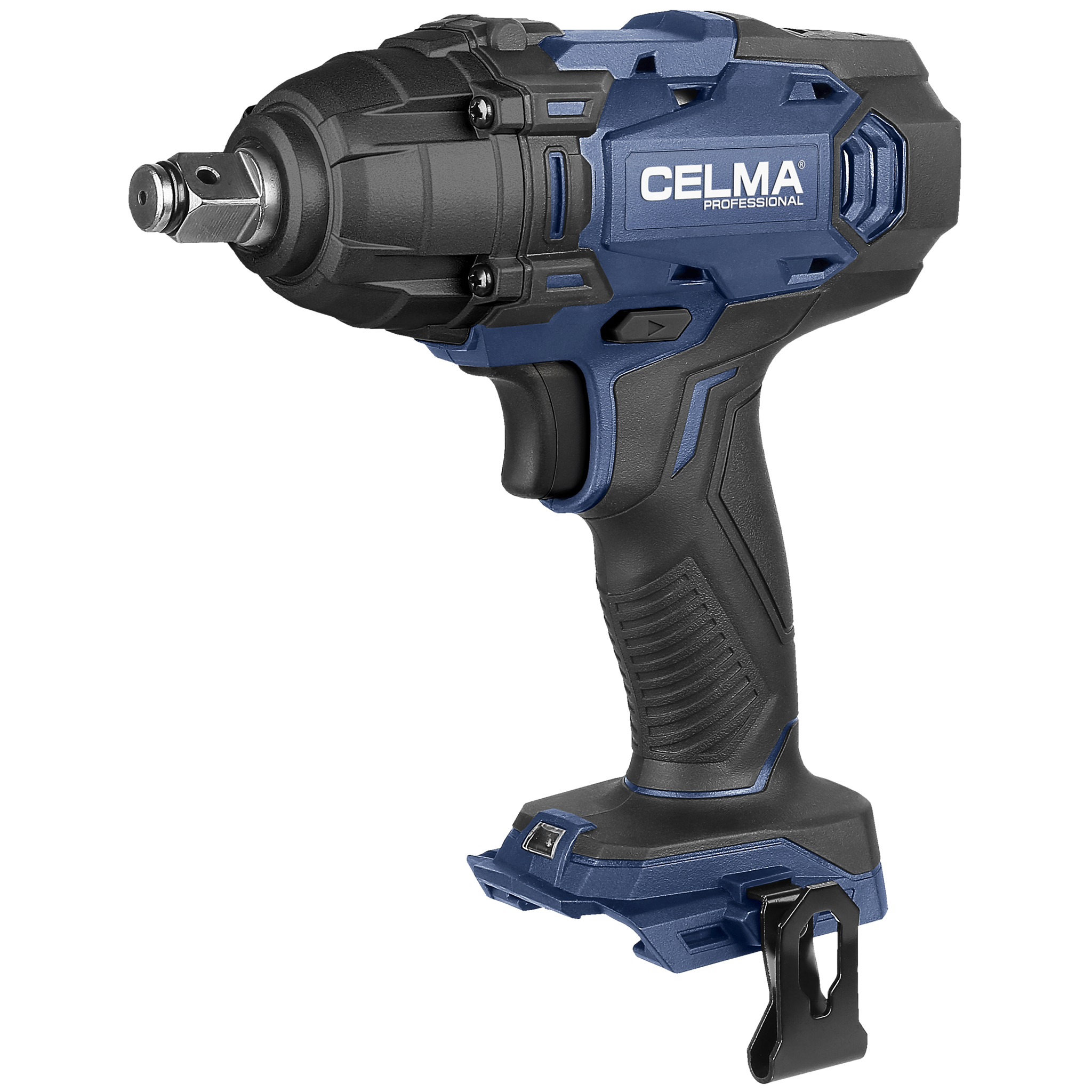 Niebiesko-czarny klucz udarowy bezprzewodowy. Widoczna jest nazwa marki CELMA. Ma czarny uchwyt i spust.