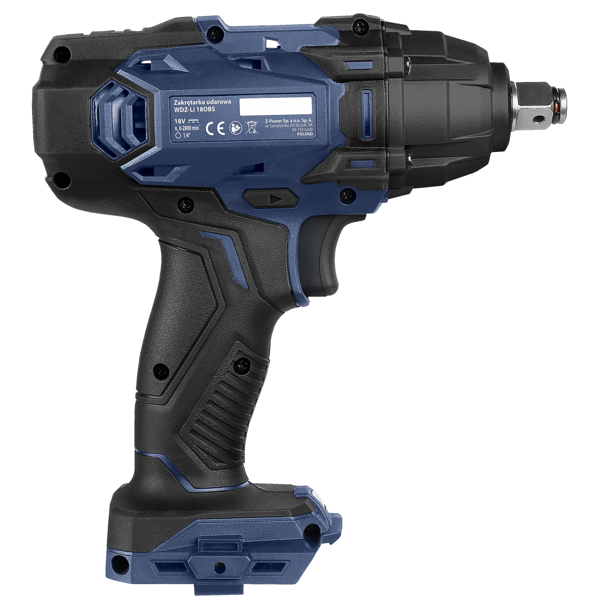 Elektryczny klucz udarowy, czarny i niebieski, na gradientowym tle, ze szczegółami tekstu.