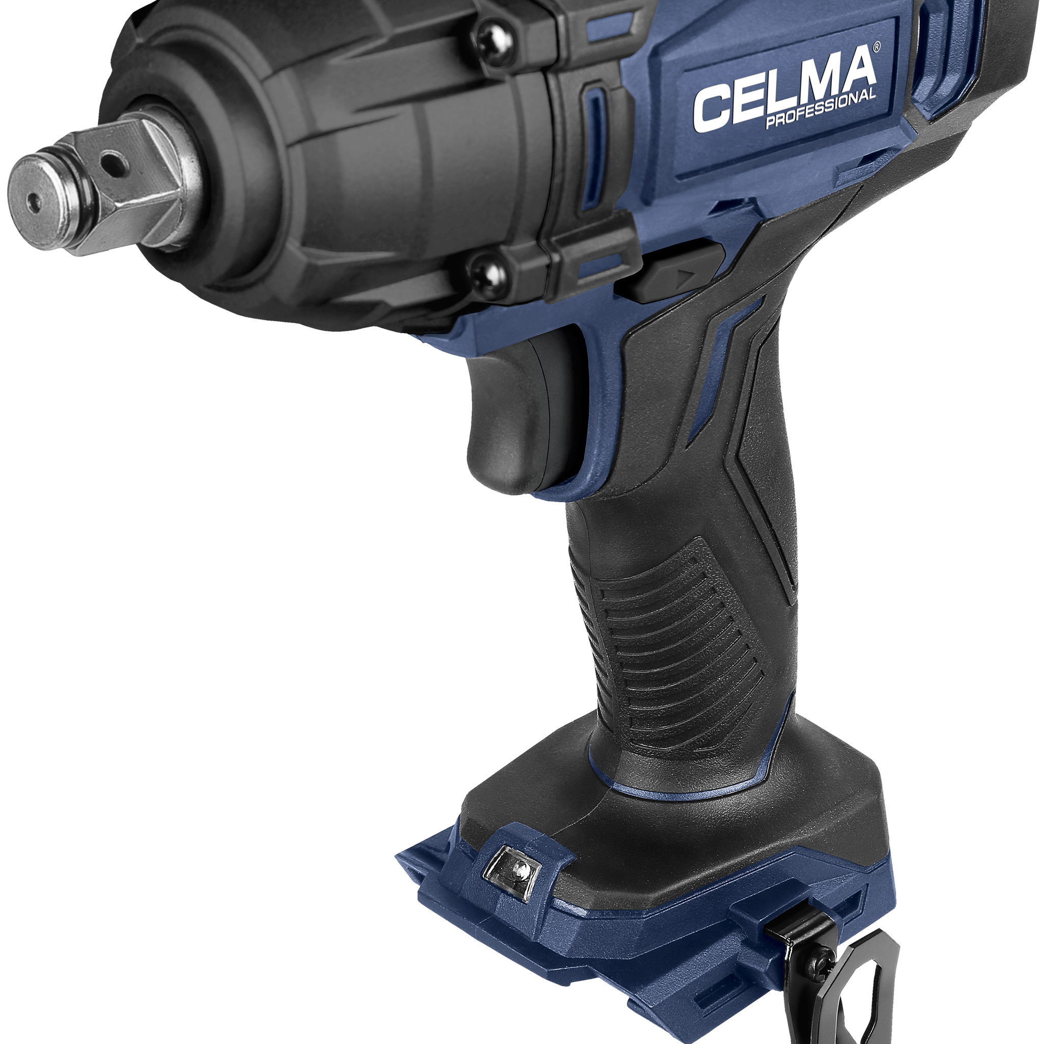 Zbliżenie niebiesko-czarnego elektronarzędzia marki CELMA. Posiada kwadratową głowicę.