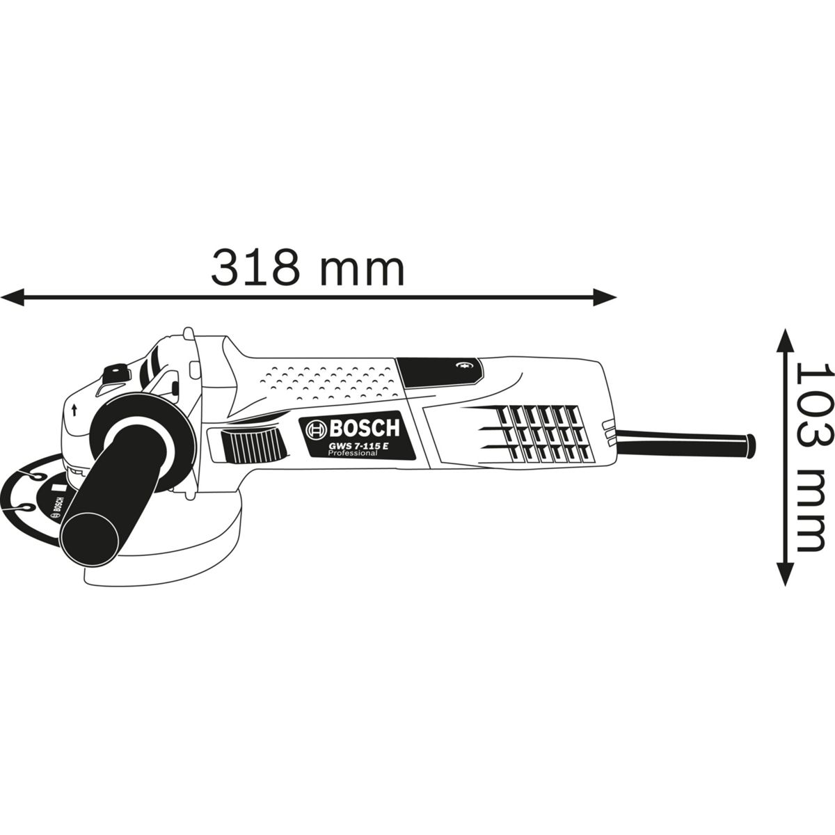 Szlifierka kątowa Bosch GWS 7-115 E Professional. Wymiary: 318 mm długości, 103 mm wysokości.