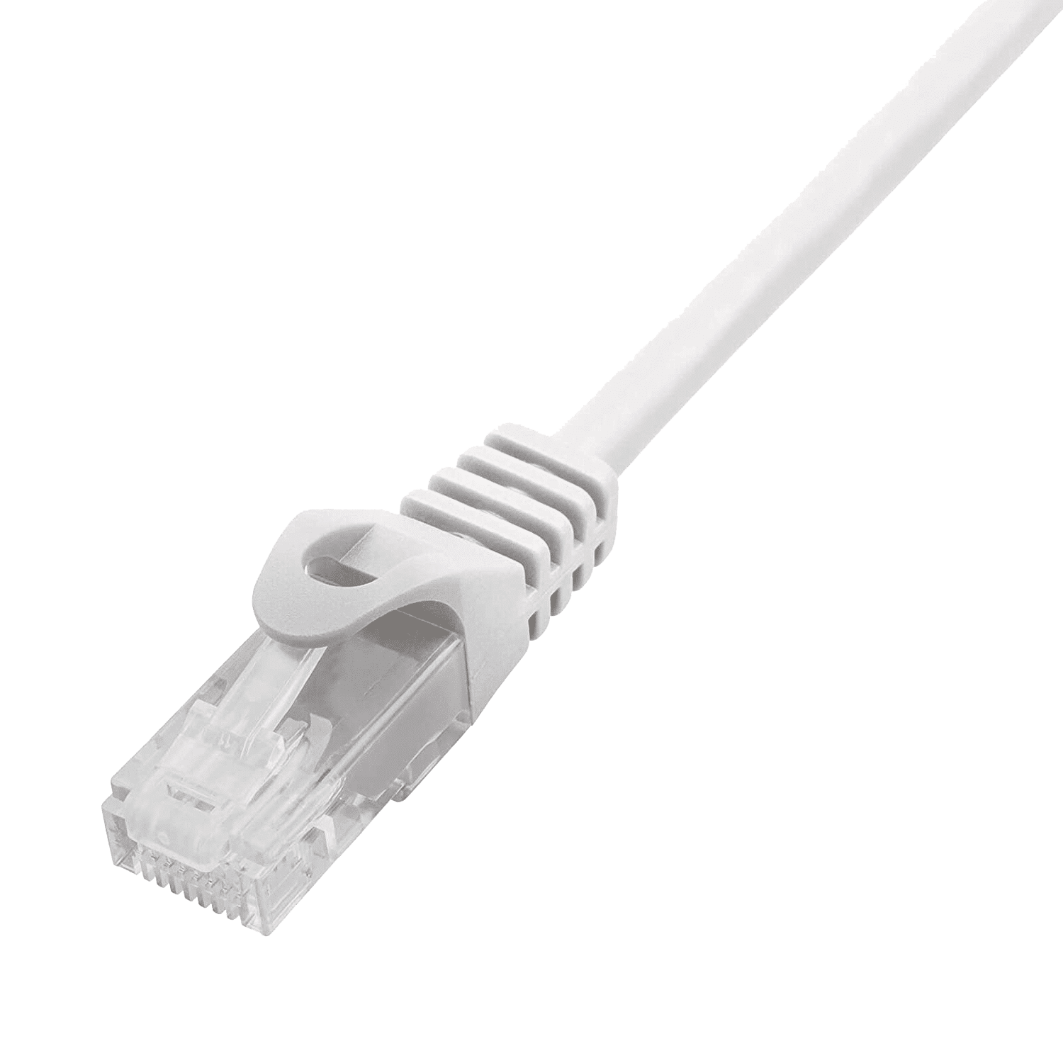 Un cavo Ethernet bianco con connettore RJ45 trasparente, su sfondo nero. Il connettore è dettagliato e a fuoco.