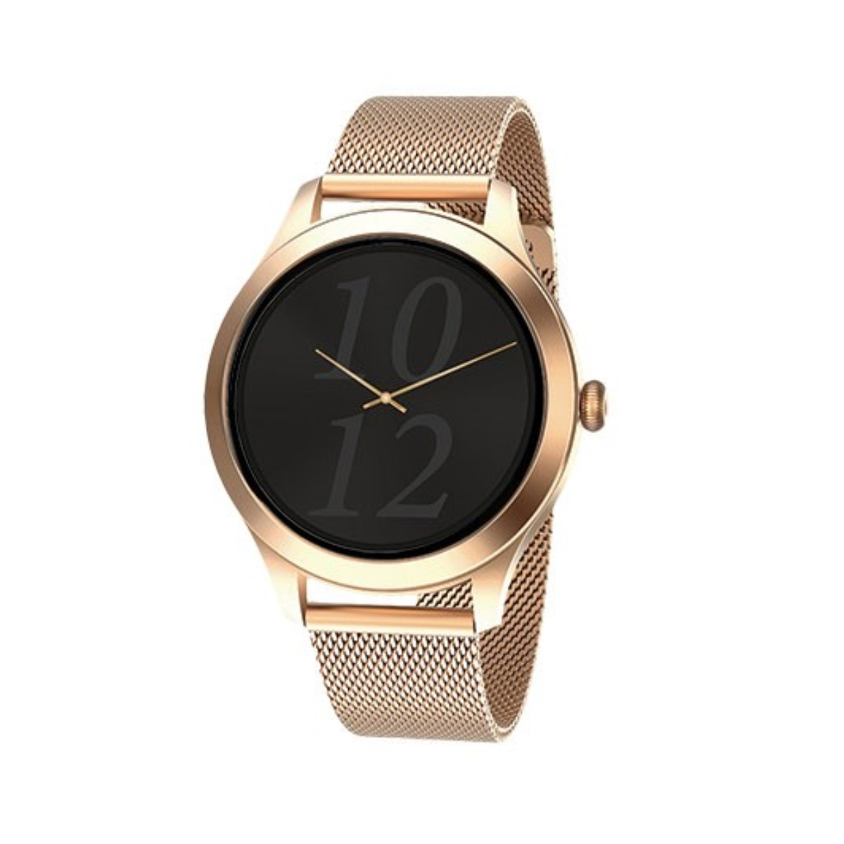 Eine roségoldene Smartwatch mit schwarzem Bildschirm, der die Uhrzeit anzeigt. Das Armband ist als Mesh-Design ausgeführt.