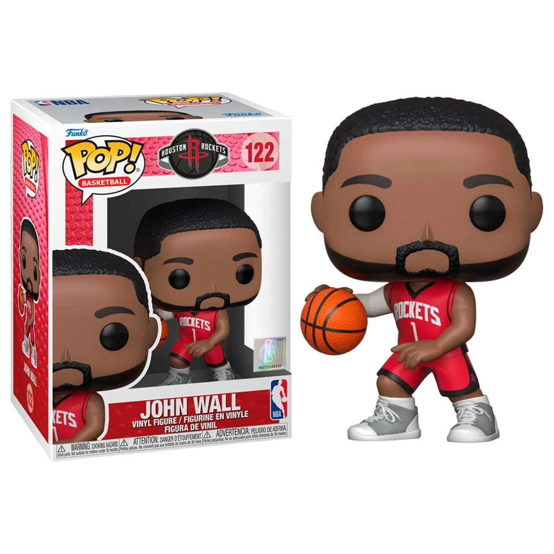 Eine Funko Pop Figur von John Wall im Rockets-Trikot, mit einem Basketball, neben der Box mit dem Teamlogo und der Nummer 122.