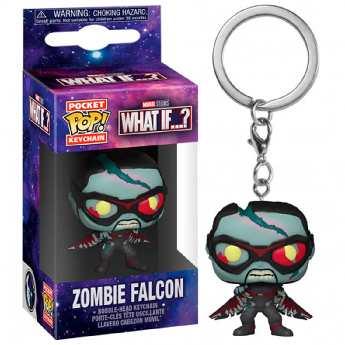 Un llavero Pocket Pop! de 'What If...?' Zombie Falcon. La figura tiene una cara verde azulada y ojos rojos, en una caja con información del producto.