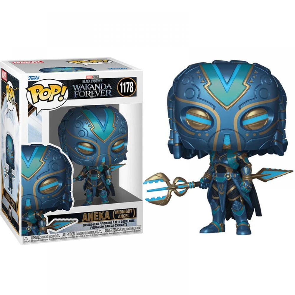 Figura Funko Pop de Aneka de Black Panther: Wakanda Forever. Es una figura azul con detalles dorados, sosteniendo un tridente, en una caja.