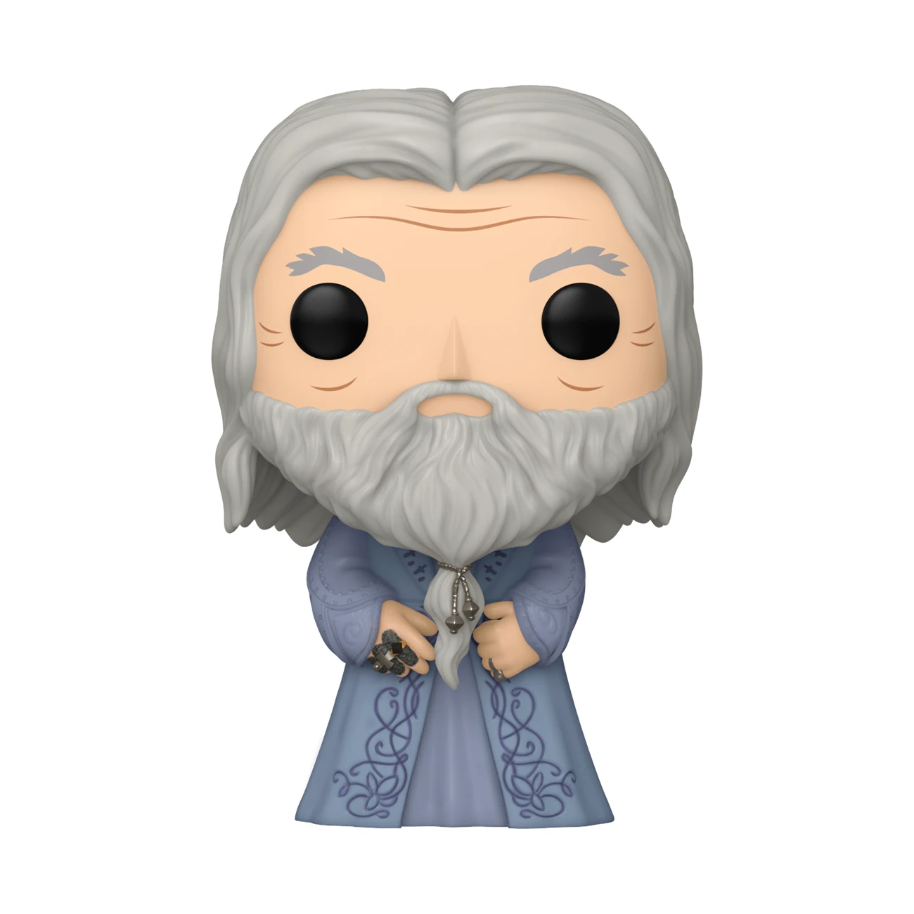 Eine Funko Pop-Figur von Gandalf. Er hat einen langen weißen Bart, graues Haar und trägt eine blaue Robe. Hält einen Stab und einen Ring.