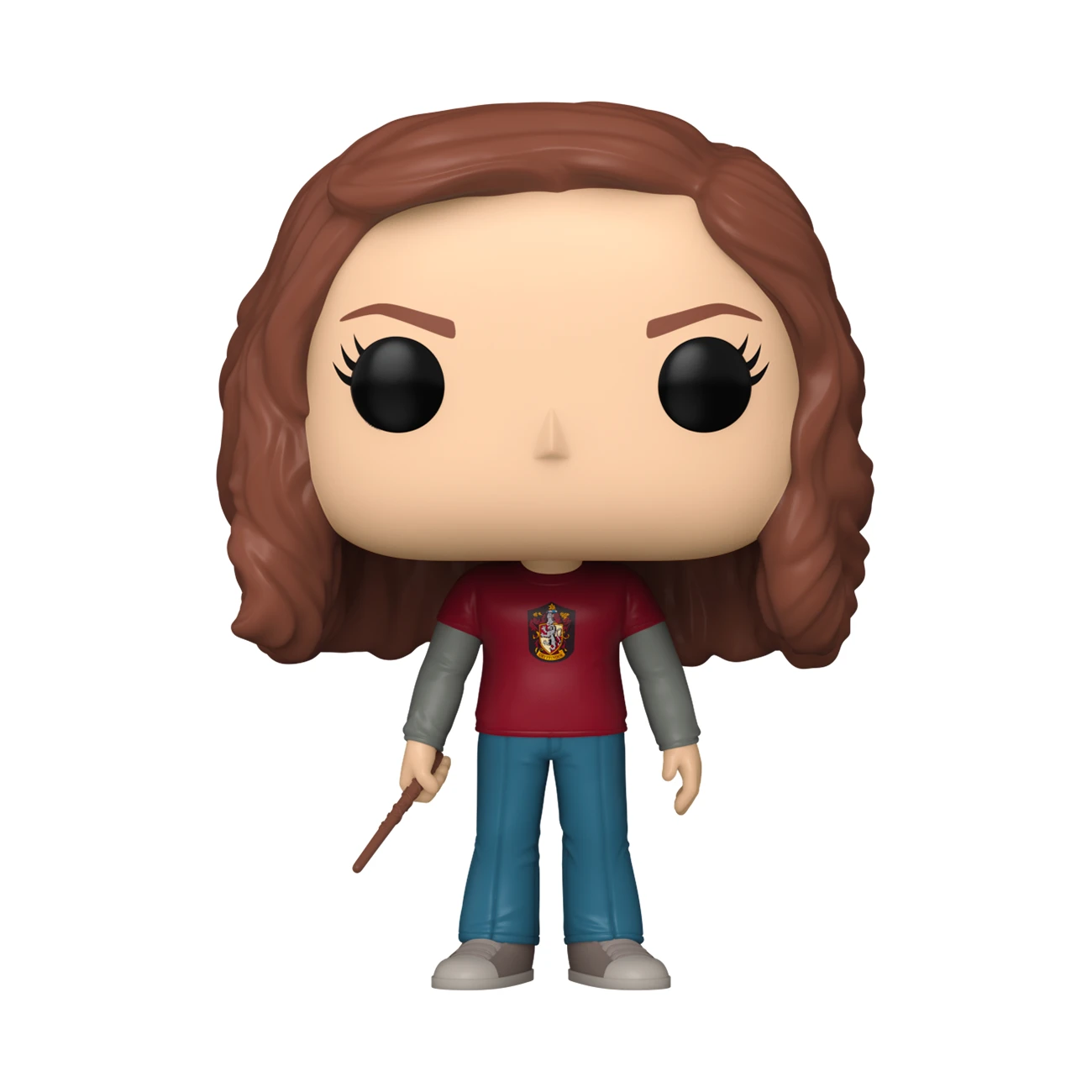 Una figura Funko Pop de Hermione Granger. Tiene cabello castaño rizado, una camisa roja con escudo, pantalones azules y sostiene una varita.