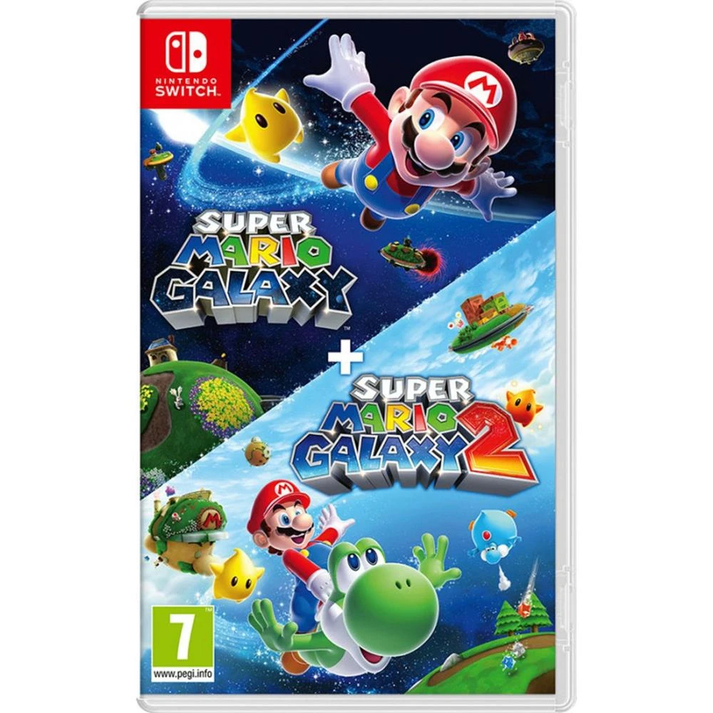 Etui na gry Nintendo Switch z Mario i Yoshim. Gra Super Mario Galaxy jest prezentowana. Tło to motyw kosmiczny.